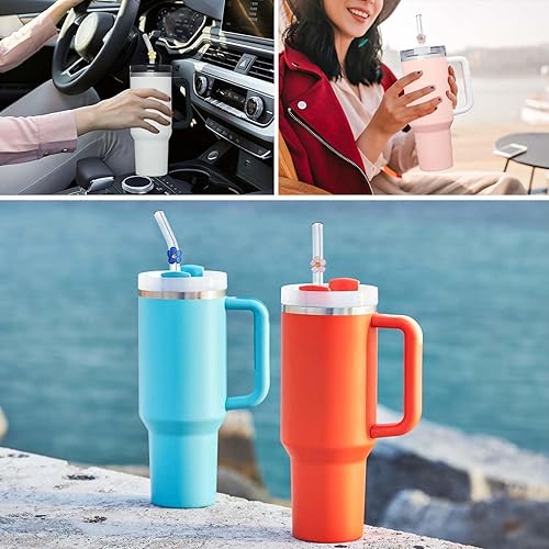 Miniatura 6 de DUMING-IN Paquete de 6 popotes de vidrio de repuesto para vaso Stanley de 40 onzas y 30 onzas, bonitas pajitas de vidrio con dijes, popote Stanley