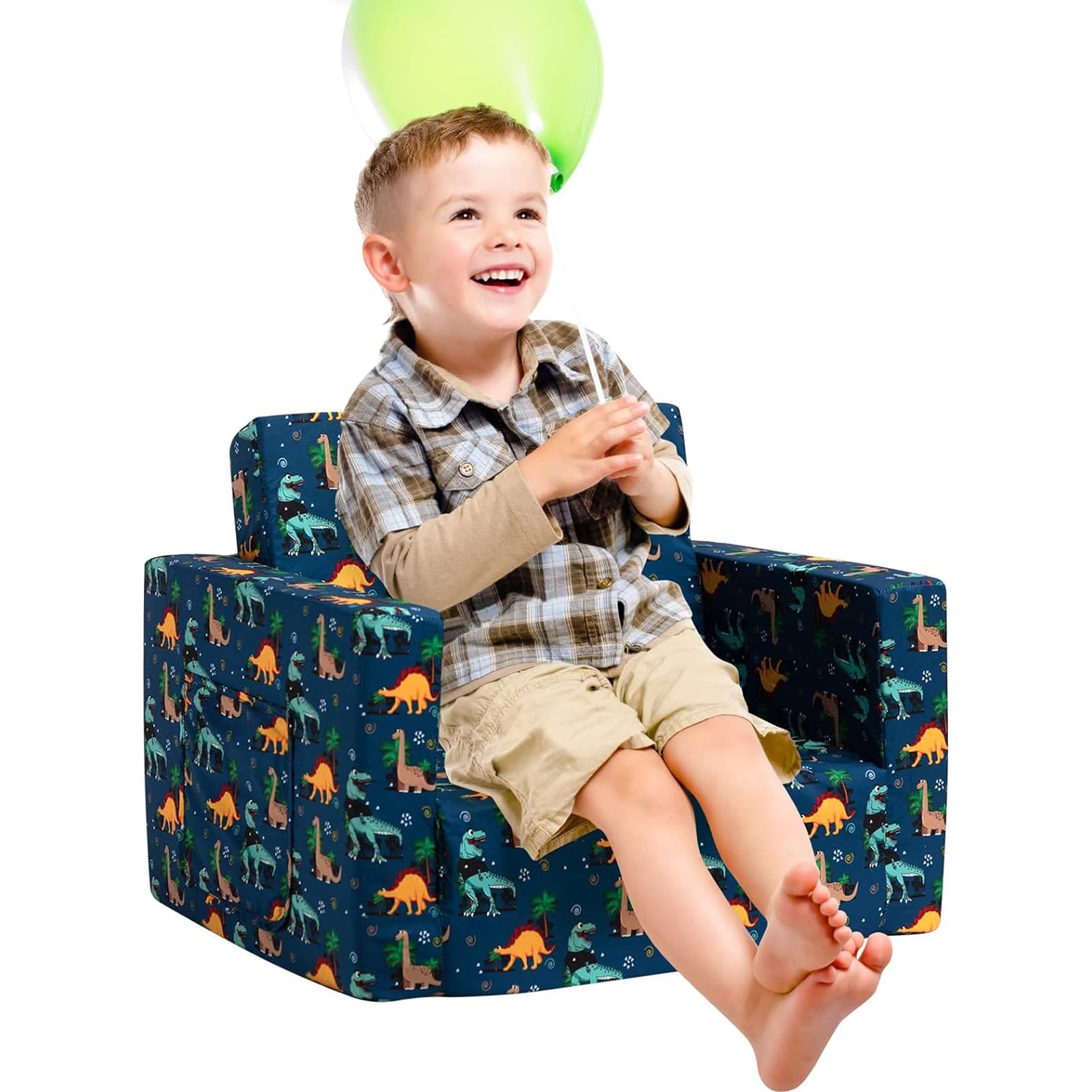 BEJOY - Divano letto pieghevole 2 in 1, poltrona per bambini,, per la cameretta, regalo di compleanno o per la giornata dei bambini, per bambine e bambini, blu marino con dinosauri