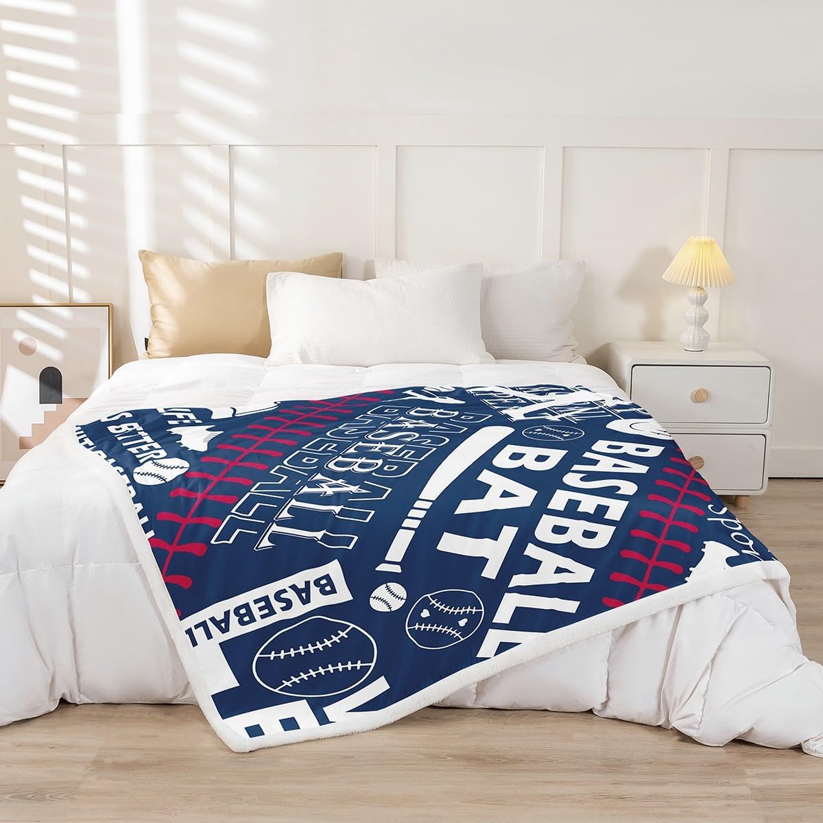 Baseball Fleece Flannel Blanket,Boys Cartoon Ball Graffiti Bed Blanket for Bed Sofa Couch,60"x80"Retro Navy Baseball Texture Bed Plush Blanket,Sport Lover Blanket for Sofa Couch