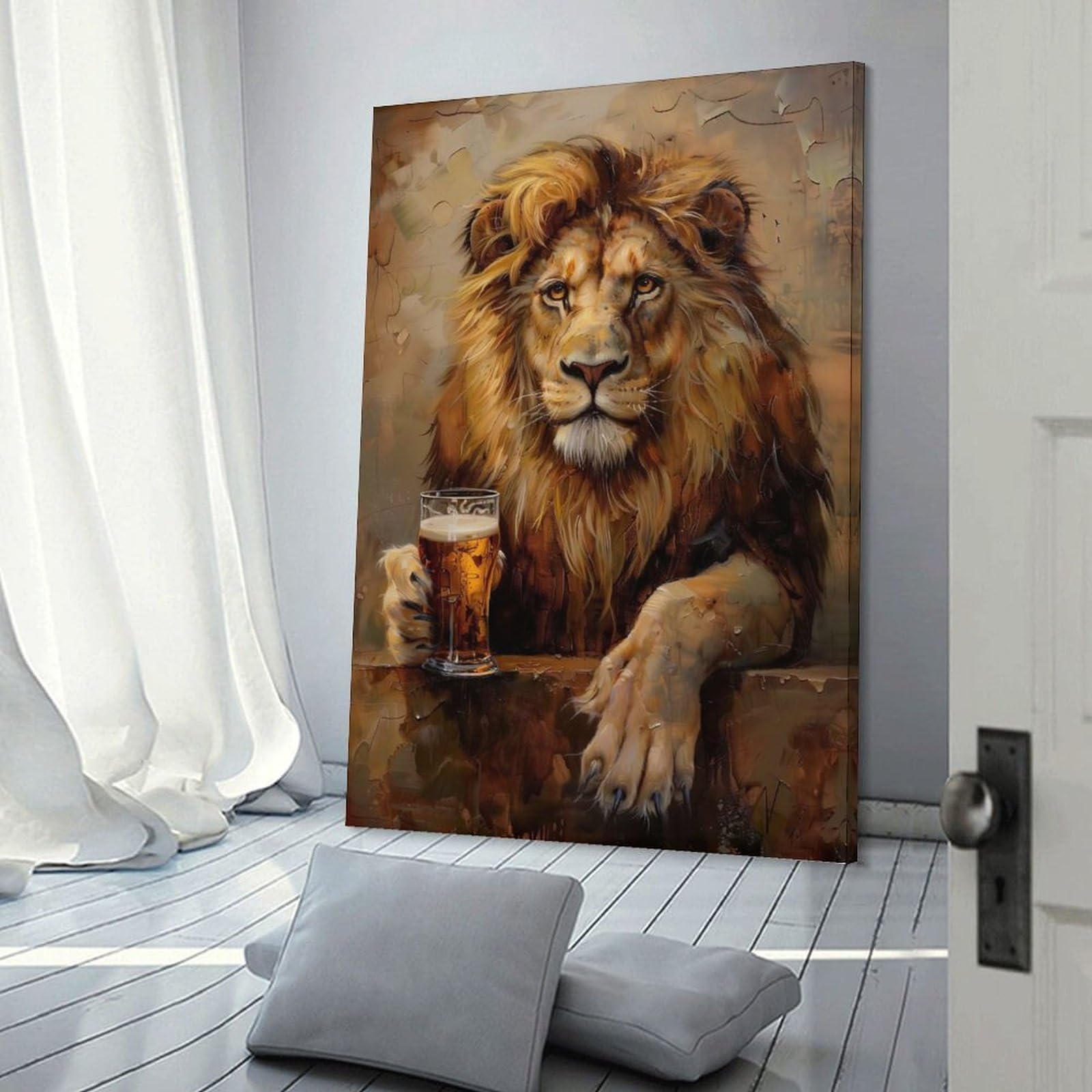 Junmoney Beer Drinking Lion Home Decor Wall Art 20x30inch(50x75cm), for Bedroom, Guest Room Or Reading Nook, Decorative Wall Art for Cosy Rooms