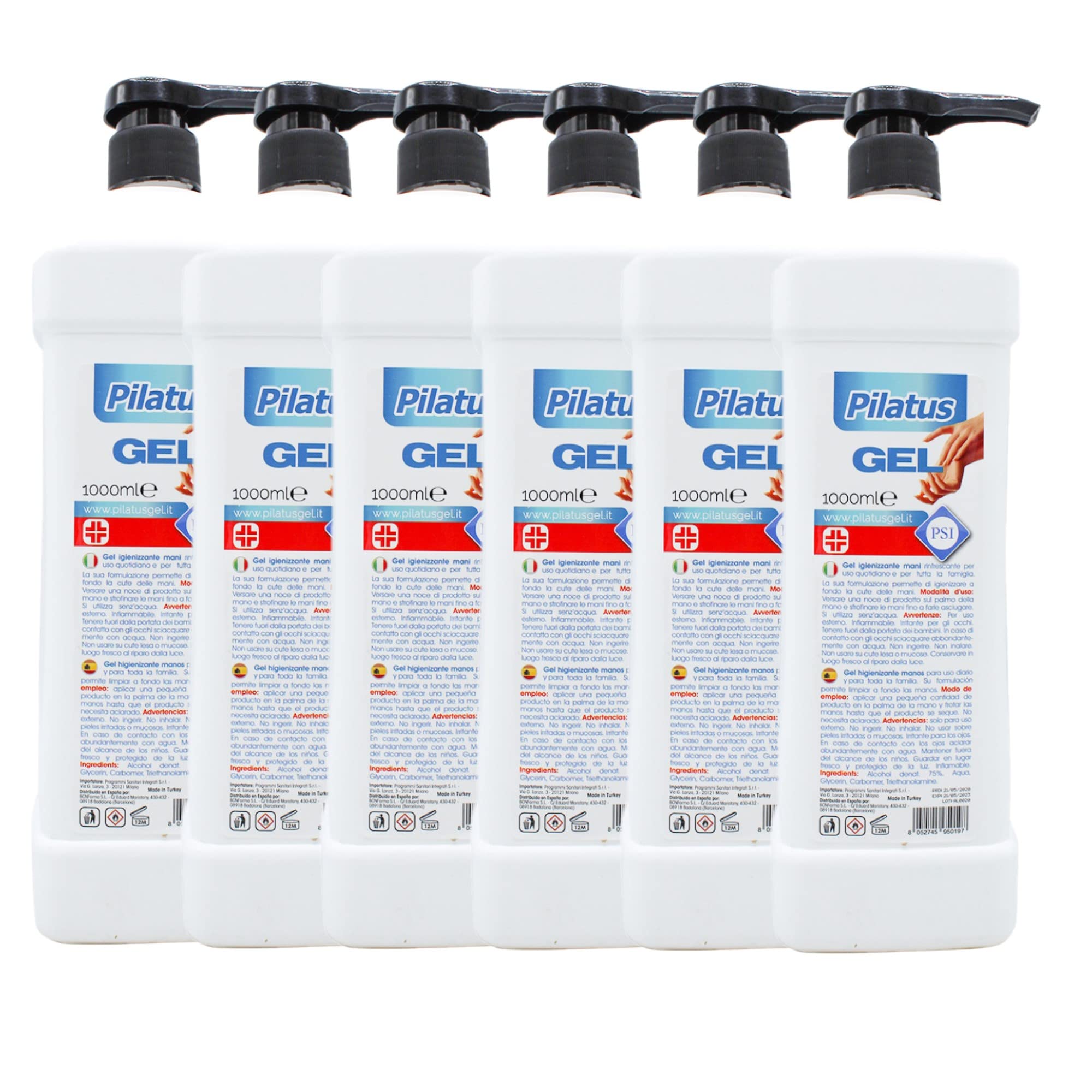 6x Gel Igienizzante Mani Pilatus 1 L 75% Alcol disinfettante