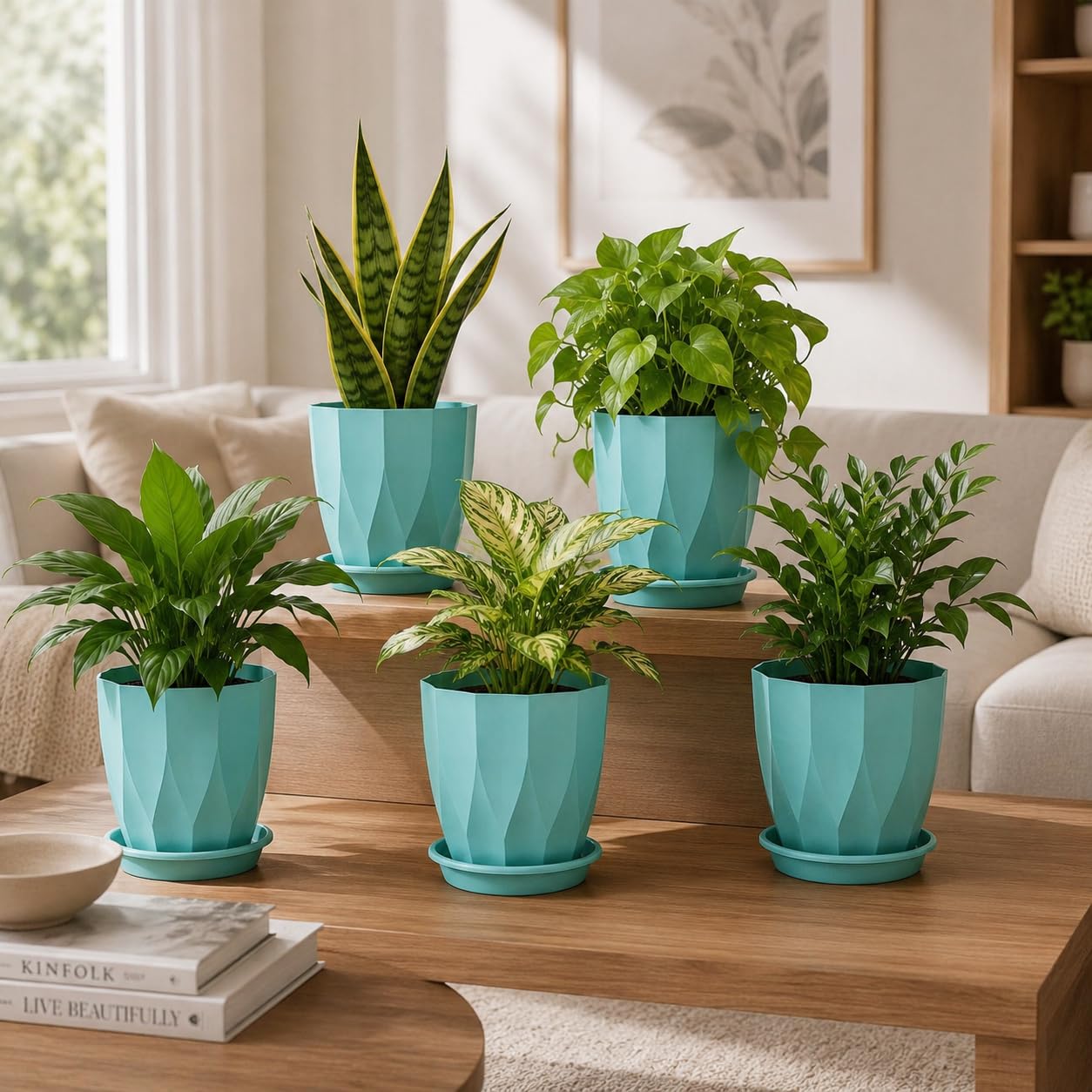 Light Brown Flower Pots Set of 5 - Modern Plant Planters -19 Light Brown Flower Pots Set of 5 - Modern Plant Planters -19