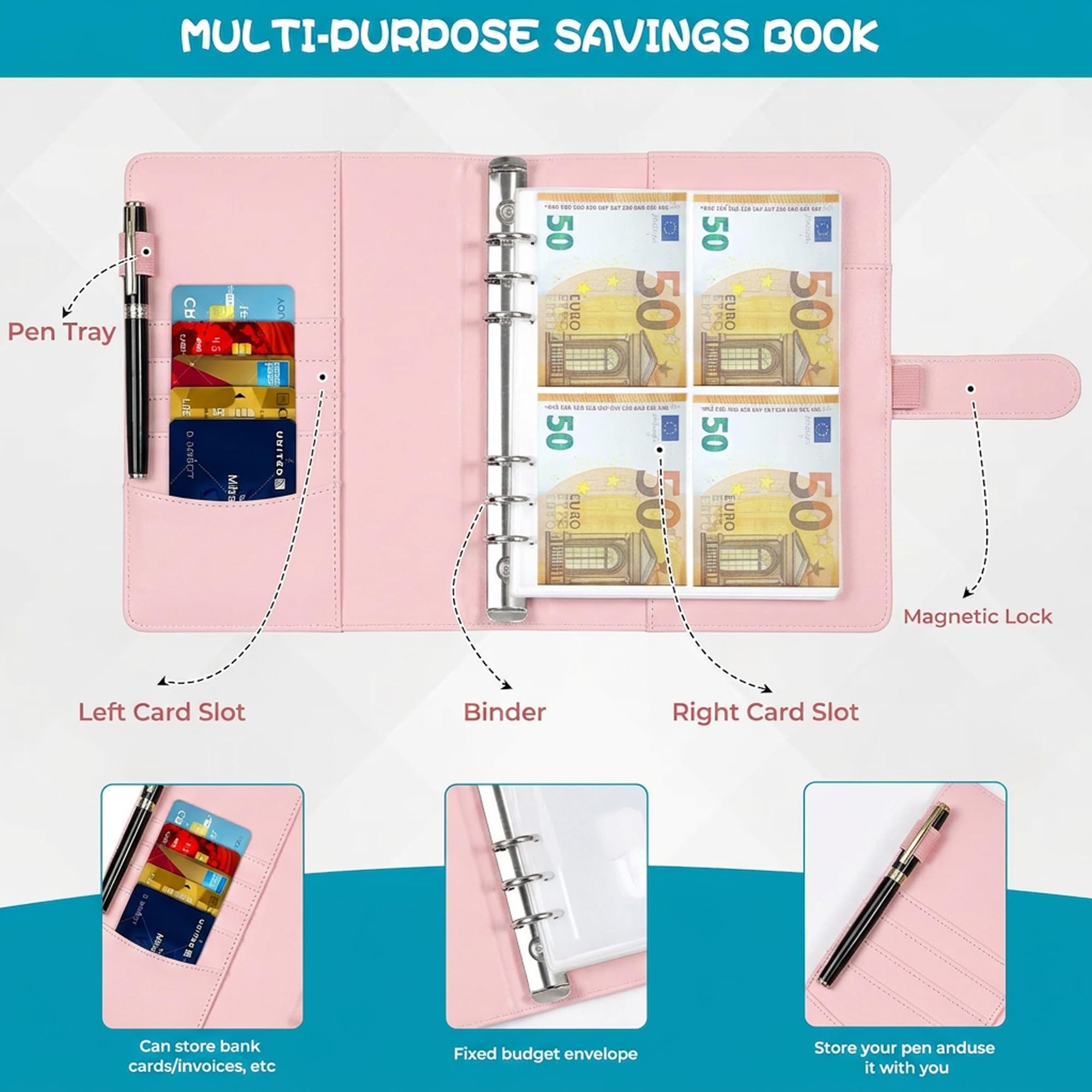Libro del Risparmio A5, Agenda Risparmio Soldi con Buste 5050€, Budget Planner per Risparmiare (Rosa)