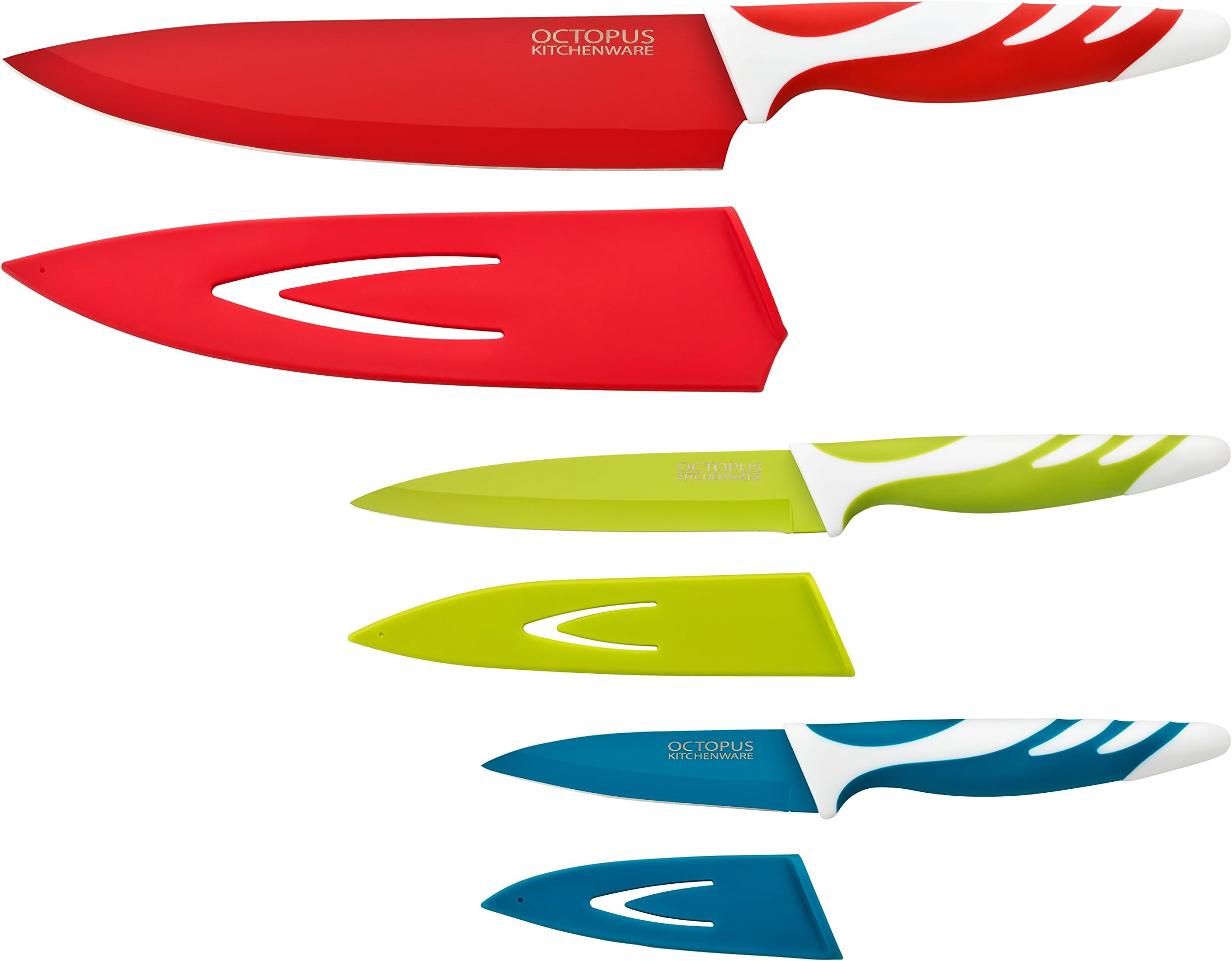 Kitchen Knives with Sheaths – Quality Kitchen Knife Set - Paring, Utility, Chef Knife - Non-Stick Coating for Easy Cutting and Cleaning - Colored Extra Sharp Stainless Steel Blades - Non-Slip Handle