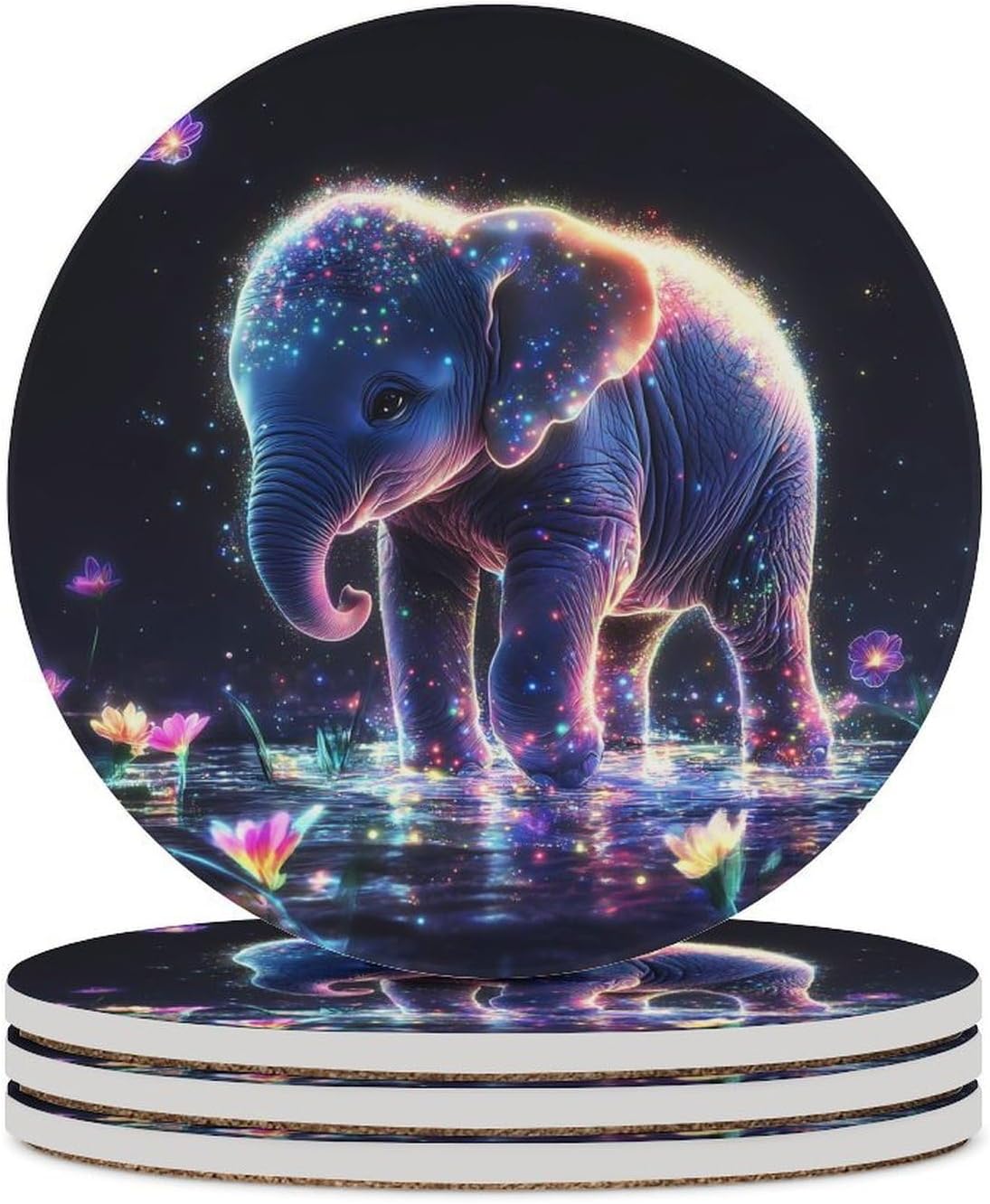 Elephant Glowing Cute Funny Round Ceramic Coasters for Drink Absorbent Cup Holders Tabletop Protection