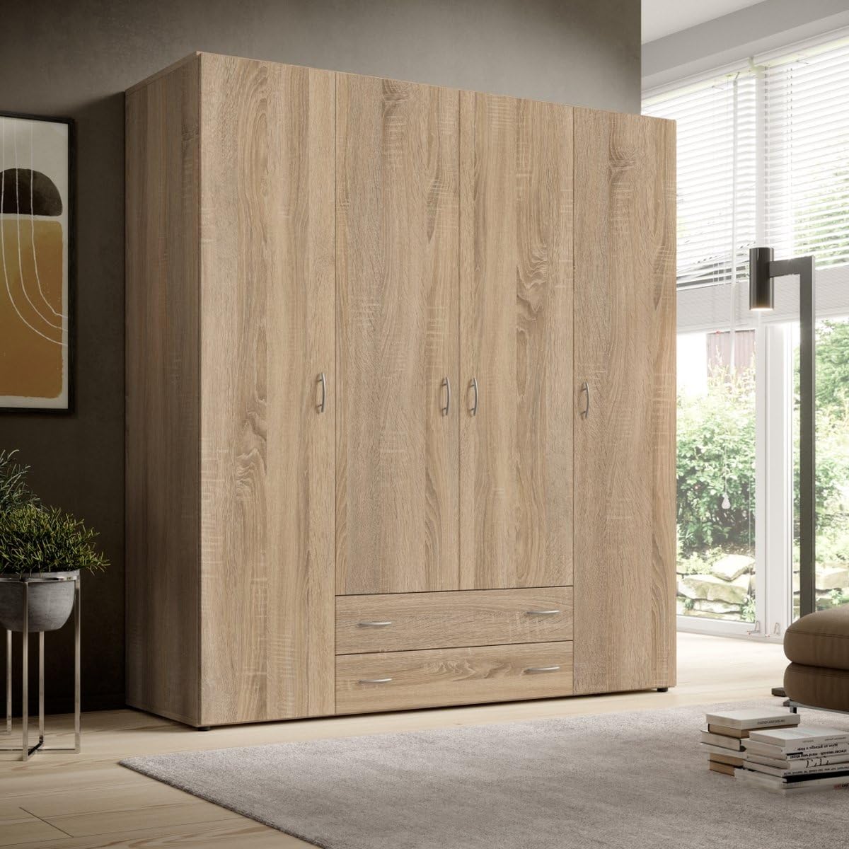 Stella Trading BASE Armoire À Vêtements Intemporelle En 3 Tailles Différentes, Portes Battantes, Polyvalente, Aspect Chêne Sonoma, 160 x 177 x 52 cm (L/H/P)