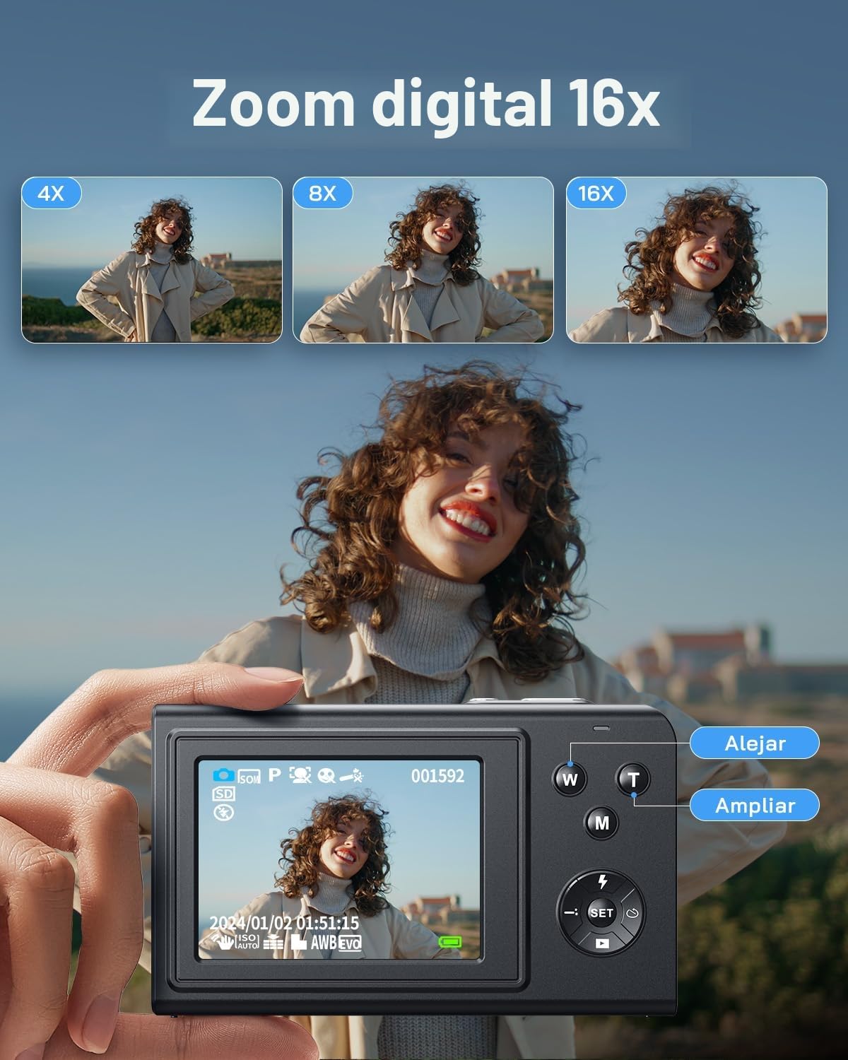 WOLFANG Cámara digital, cámara infantil de 2,7 K para fotografía, cámara compacta de vlogging de 50 MP, cámara de vídeo digital con zoom de 16 X, cámara digital de enfoque automático y disparo, regalo