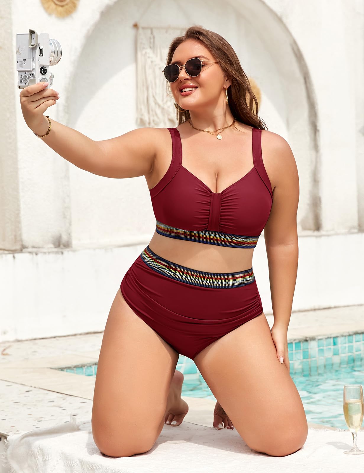 Conjunto de Bikini Mujer Talla Grande Cintura Alta con Diseño Cruzado en Pecho, Aro Extraíble, Tirantes Ajustables y Detalles de Cintas Coloridas, Control de Barriga