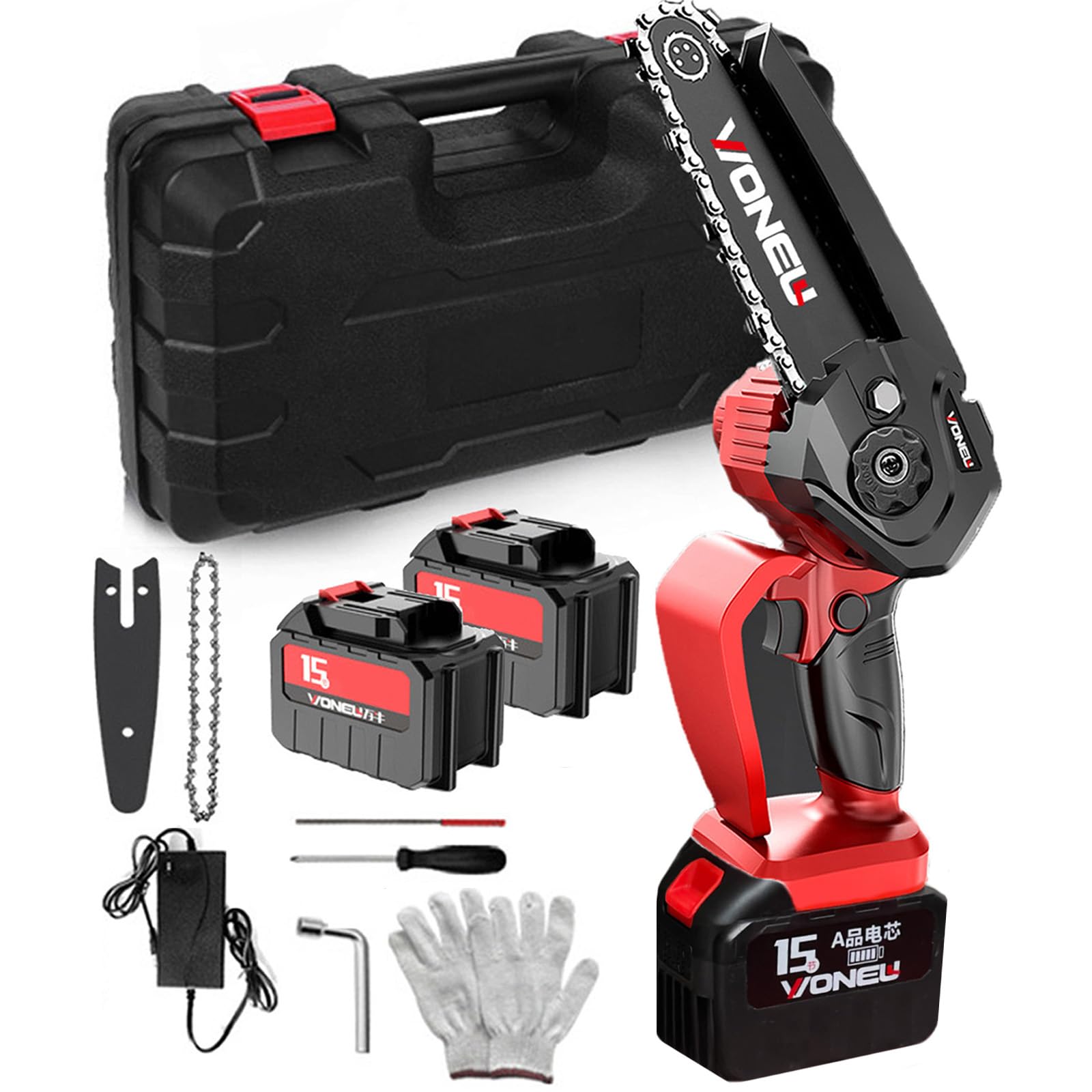 Sadodo Mini Cordless Chain Saw 6 Inch,Electric Strong Power Chainsaw 750 Watt,with 9000 MAH (4500mah x2 Batteries),Akku Rechargeable,Security Lock Diffuse Light, for Wood Cutting Pruning