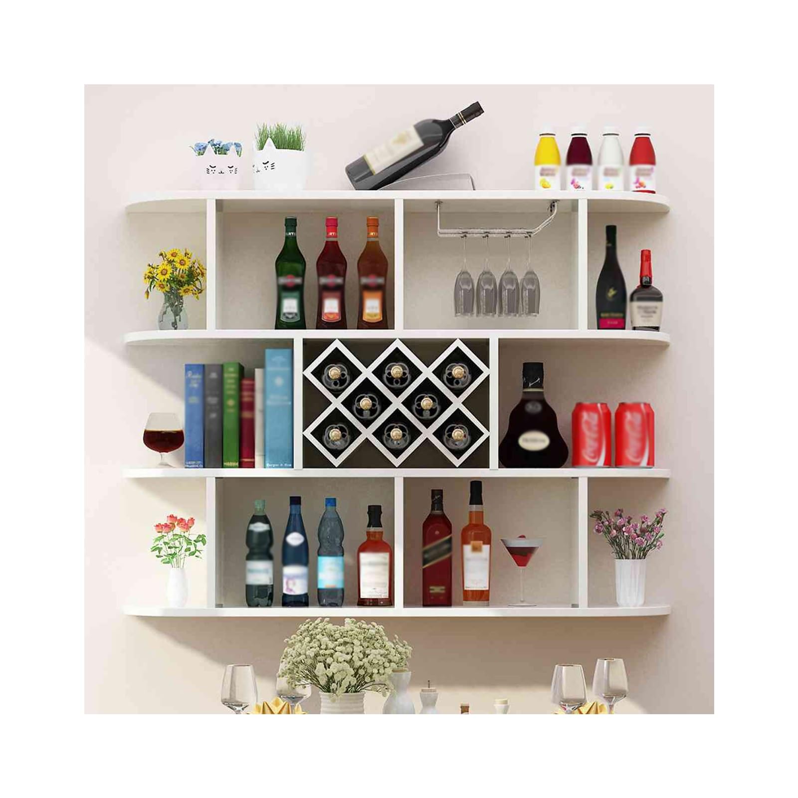 Étagère à vin murale en bois blanc pour sublimer la décoration du salon et de la cuisine