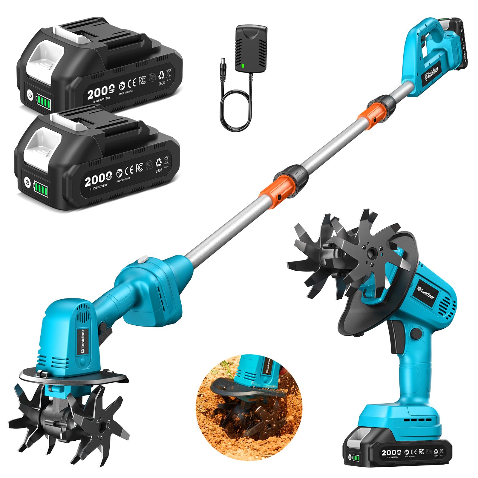TaskStar 耕運機 家庭用 充電式 【2026新型】 ミニ耕うん機 1台2役 耕幅130mm 耕深110mm 2.0Ahバッテリー2個