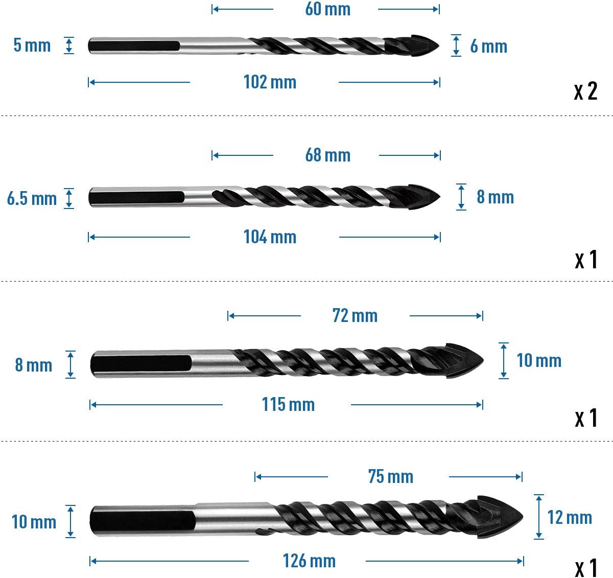 Best Cyber Monday 🔥 QWORK 5 Pcs Set (6, 6, 8, 10, 12mm) Multi-Material Drill Bit Set for Tile,Concrete, Brick, Glass, Plastic and Wood Tungsten Carbide Tip Best for Wall Mirror and Ceramic Tile on Concrete and Brick Wall
