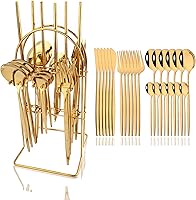 Vista 17 de JASHII Juego de cubiertos de 24 piezas con tenedores y cucharas con soporte, juego de cubiertos de metal de titanio negro y chapado en oro, acero
