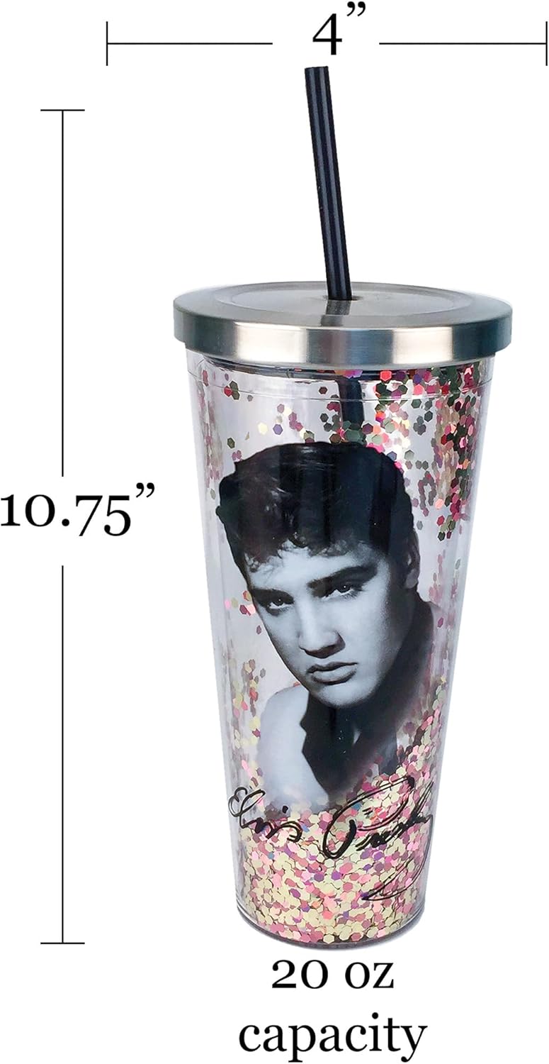 Spoontiques - Glitter Filled Acrylic Tumbler - Glitter Cup with Straw - 20 oz - Stainless Steel Locking Lid with Straw - Double Wall Insulated - BPA Free - Elvis Presley - Image 3