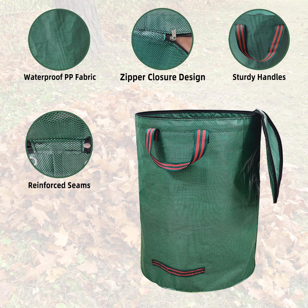 3× 300L Large Garden Waste Bags Heavy Duty with Lid Waterproof Foldable Reusables with Handles Garden Waste Bags Heavy Duty for Grass Leaves Hedge Cuttings Debris - Image 3