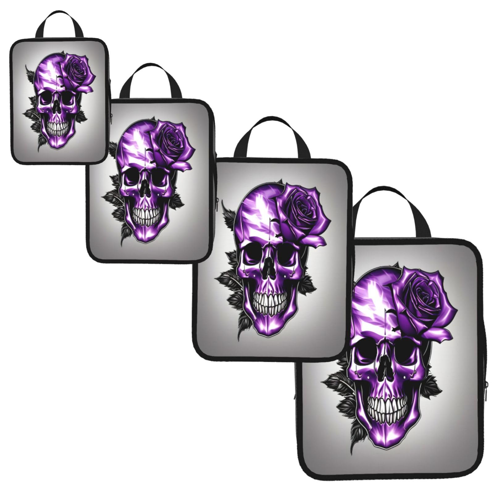 Purple Rose and Skull Print 4 Set Compression Packing Cubes for Suitcases,Expandable Storage Bag Organizers