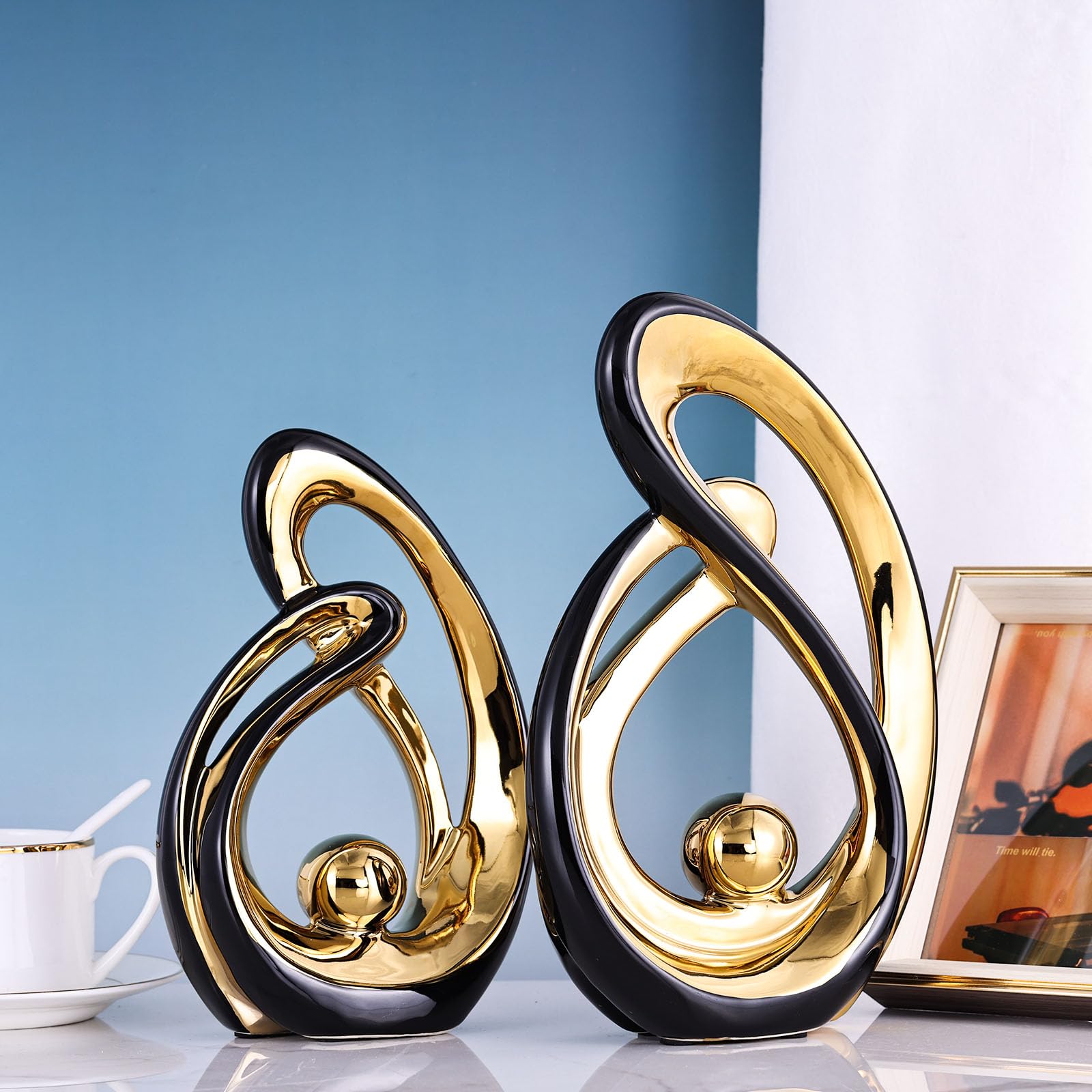 XMGZQ Nero e Oro Scultura Deco Set di 2,Ceramica Statua di Arte Astratta,Decorazione Soggiorno,Camera da Letto Deco,Appartamento Moderno Oggetti Decorativi Sculture