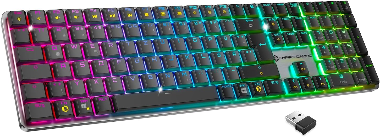 EMPIRE GAMING RF243 Wireless Mechanical Gaming Keyboard Rechargeable DE (QWERTZ), 2.4GHz/Bluetooth/USB-C, 111 Keys MX Red, RGB, NKRO, Compatible with PC, Mac & Consoles