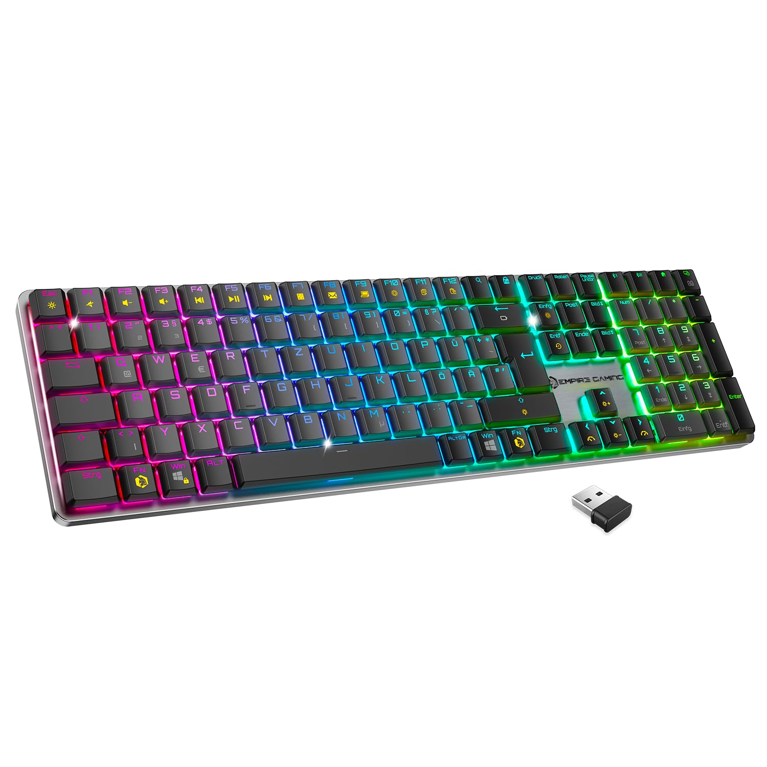 EMPIRE GAMING RF243 – Schlanke Low Profile Aluminium Kabellose Mechanische Gaming-Tastatur Wiederaufladbar DE (QWERTZ), 2,4GHz/BT/USB-C, 111 Tasten MX Red, RGB, NKRO, kompatibel mit PC/Mac/P5/P4/XB