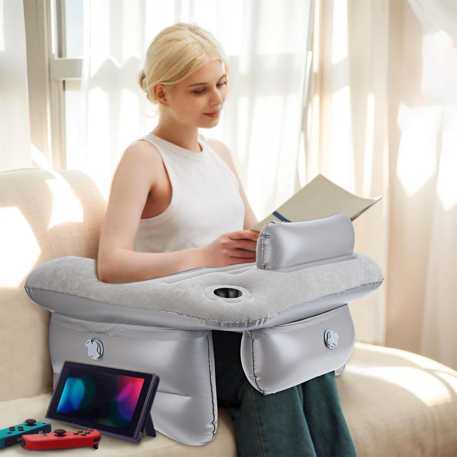 Almohadas de Lectura Cama de Adultos, Almohada de Lectura Inflable para Juegos, Almohada de Escritorio para el Regazo con reposabrazos para sofá, Almohada de Apoyo de Lectura portátil
