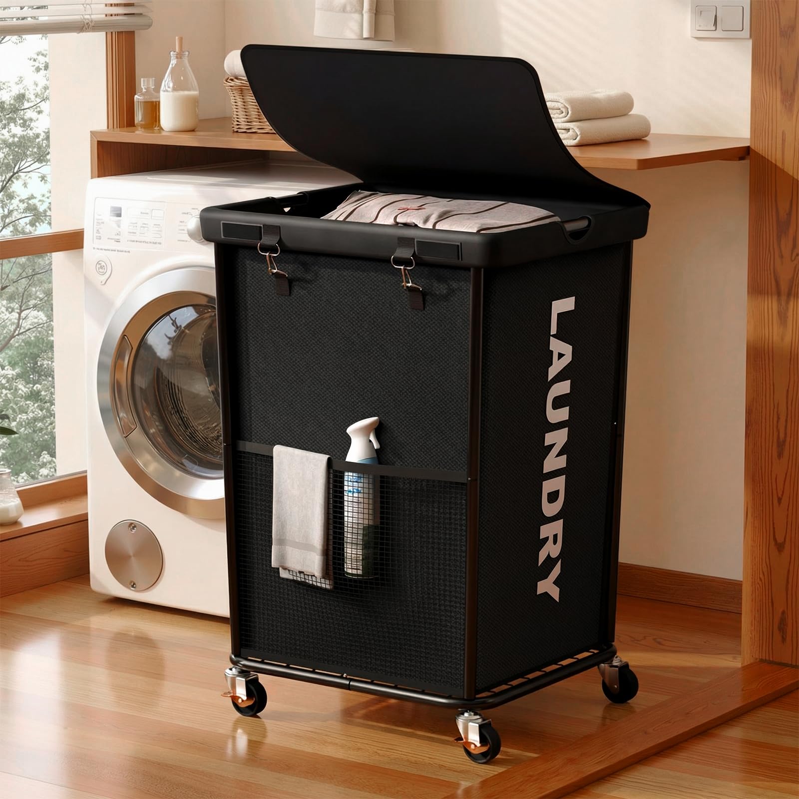 Photo 1 of 150L Laundry Basket with Lid and Wheels, Rolling Laundry Hamper with Cloth Cover, Laundry Cart with Metal Frame & Removable Bag, Large Dirty Clothes Hampers for Bedroom, Laundry Room Bathroom, Black