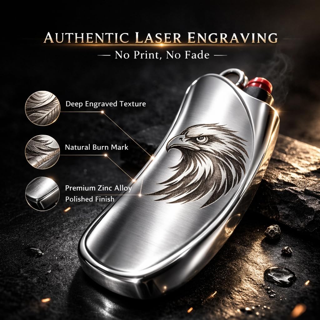 IN SELECT Metal Lighter Case Compatible with BIC J6 Standard Size, Laser Engraved Eagle with Optional Personalized Engraving,Durable Protective Cover, Gift for Men (Eagle Design)