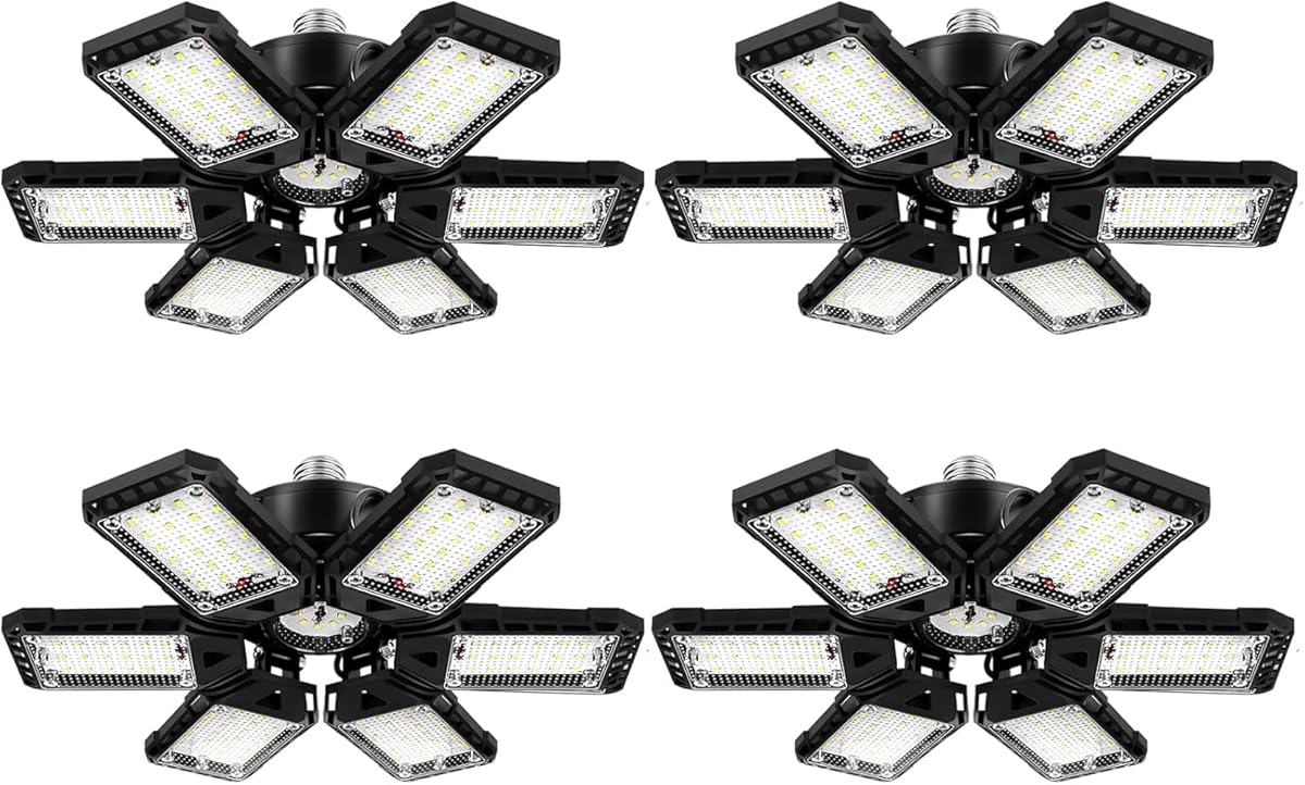 LED Garage Lights 4 Pack -180W, 18000LM 6500K Led Shop Light with 6+1 Deformable Panels, Basement Barn Light Garage Ceiling Lights, E26/E27 for Garages, Warehouse, Shop