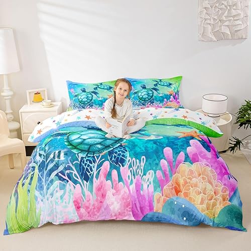 Miniatura 2 de Funda de Edredón de Tortuga Marina Verde Azul Juego de Ropa de Cama Ocean Queen, Colorido Mundo Submarino Juego de Funda de Edredón para Niños,