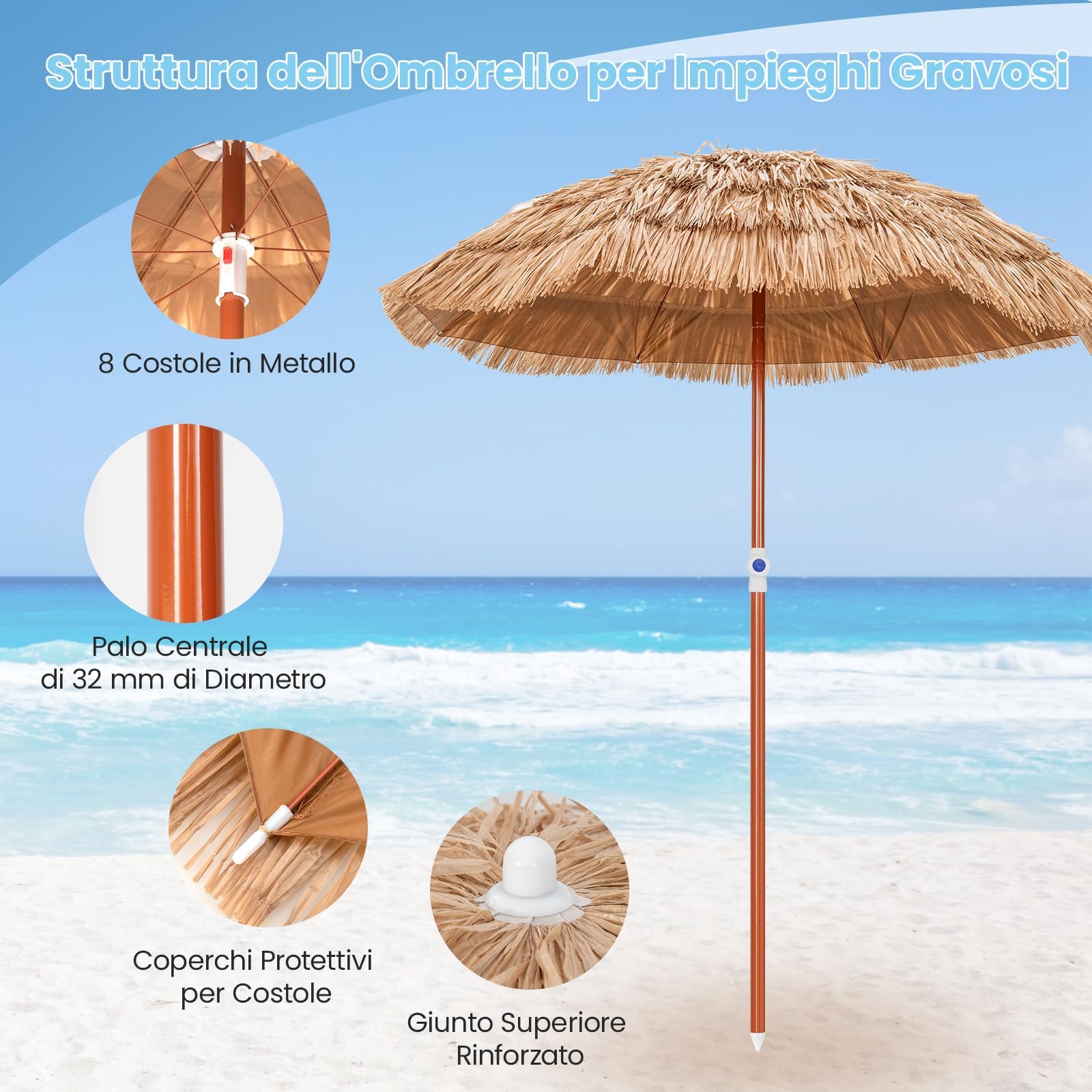 GYMAX Ombrellone Paglia PP, Altezza Regolabile, Angolo Inclinabile, Parasole Ombrello da Esterno con 8 Stecche, Borsa di Trasporto, per Giardino, Piscina, Mare, Terrazzo
