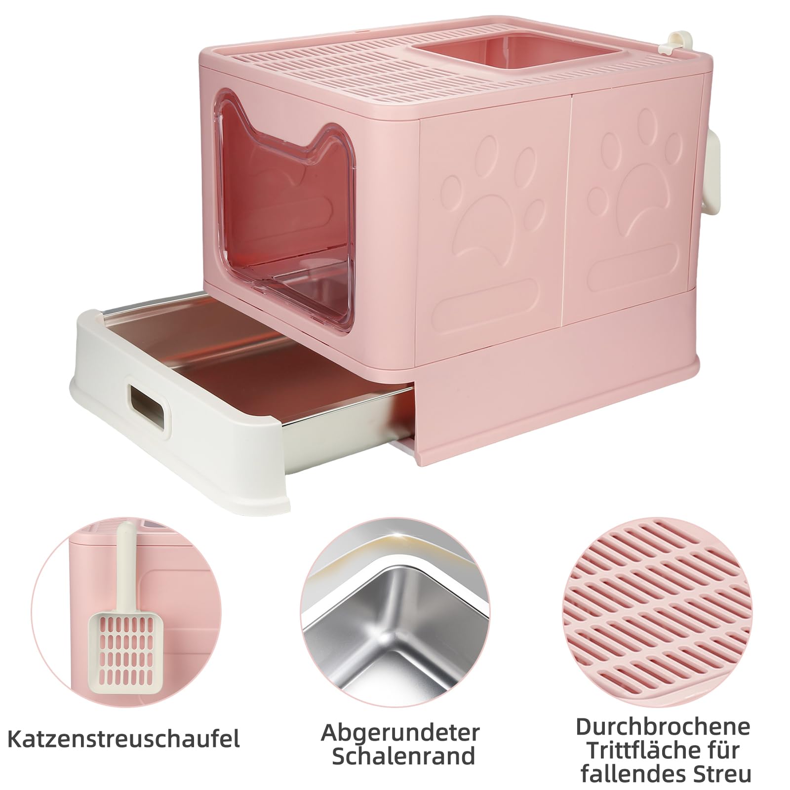 Inodoro XL para gatos con tapa, acero inoxidable con bandeja extraíble y pala, 51 x 41 x 38 cm (rosa, clásico)