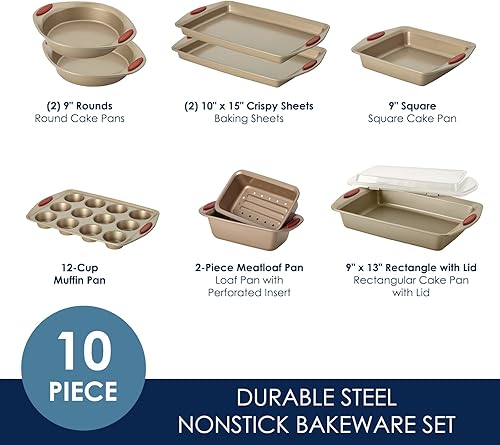 Miniatura 2 de Rachael Ray Cucina - Juego de utensilios antiadherentes para hornear bandejas para hornear para magdalenas 10 piezas café latte con agarres rojos de