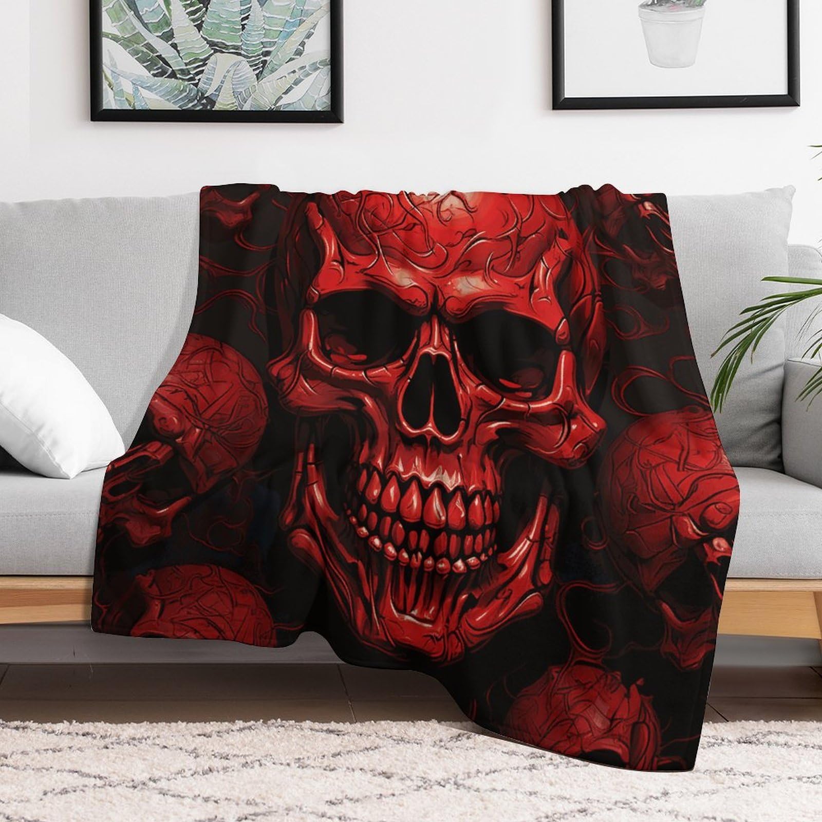 Custom Red Skulls Blanket Lightweight Flannel Fleece Throw for Couch Sofa Bed Luxury Soft Cozy Plush Lap Bedtime Blanket for All Seasons Bedroom Home Decor Gifts 50x60