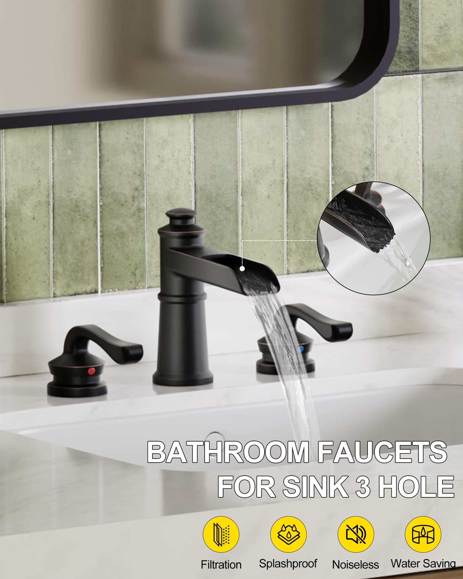 Robinet De Lavabo Salle De Bain Cascade - Finition Bronze Frotté à L'Huile - 1 Poignée - Avec Vidange