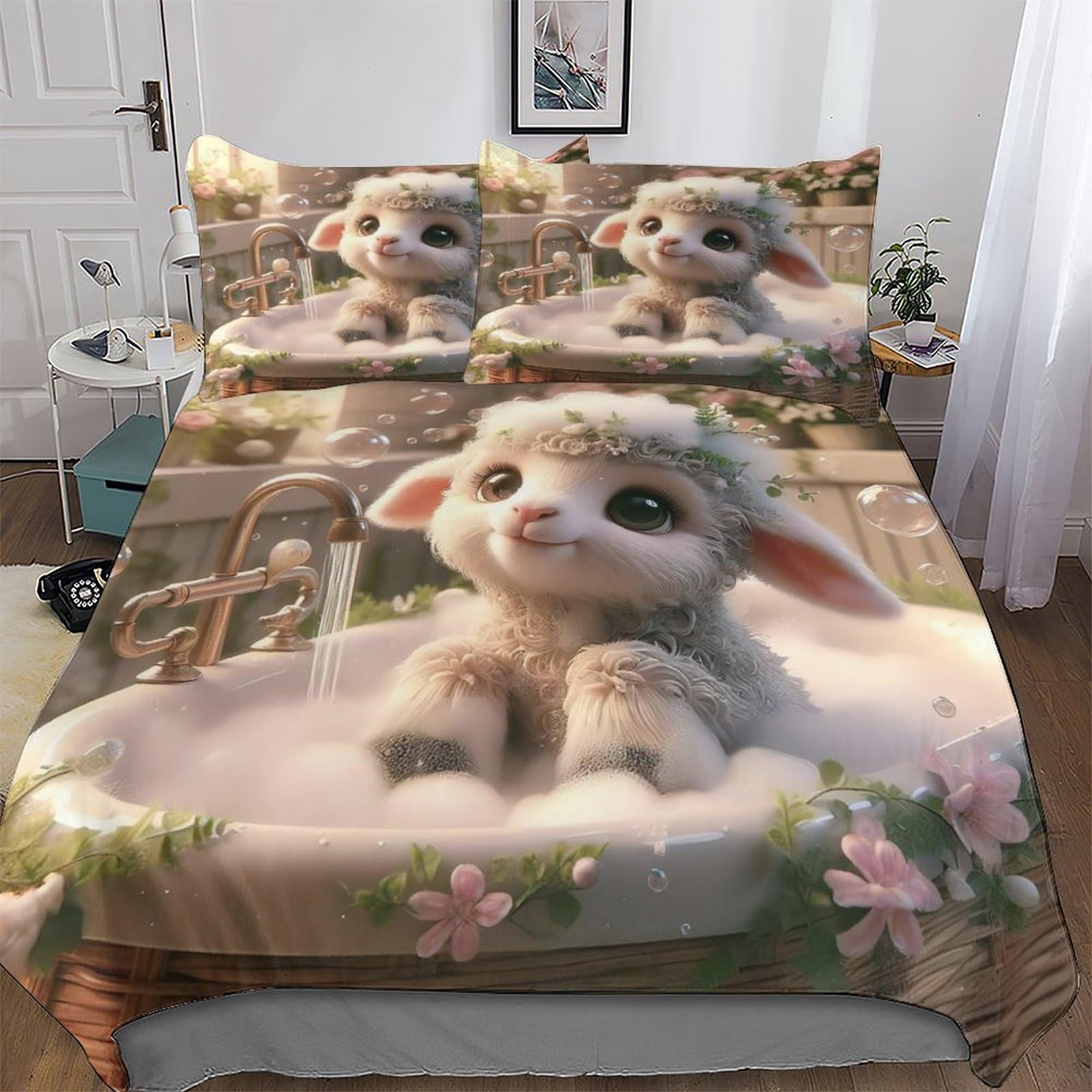 Housse de couette 220x240 en microfibre douce anti-plis imprimée mouton 3D