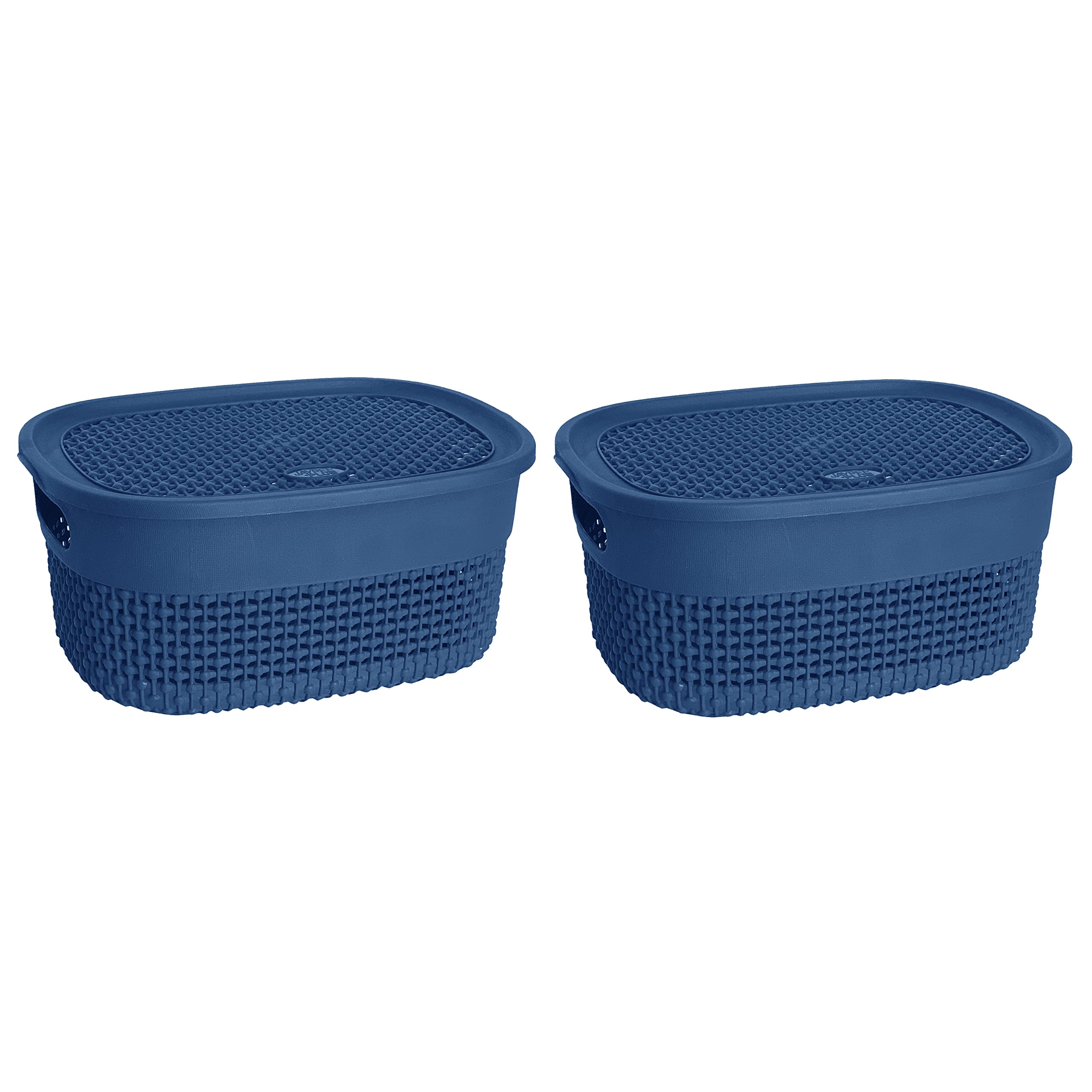JMS we create smile Set of 2-4L Litre Small Oval Basket with Lid Stackable Storage box Utility Basket Plastic Storage Containers for Bathroom Kids Toys Nursery Shelves Kitchen (Blue)