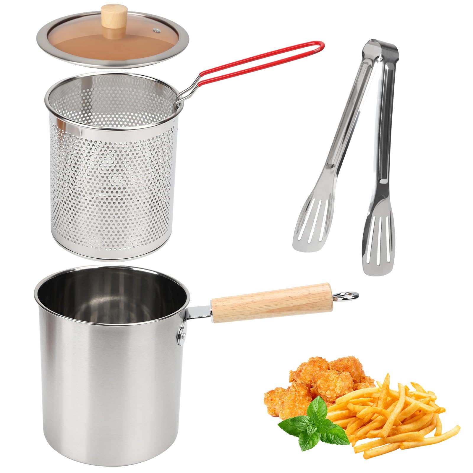 Deep Fryer Pot with Basket,Stainless Steel Mini Deep Fryer Pot with Lid and Clip,Japanese Style Tempura Frying Pan,Portable Large Capacity 2 in 1 Oil Strainer Pot for Kitchen Camping (16 * 17cm)