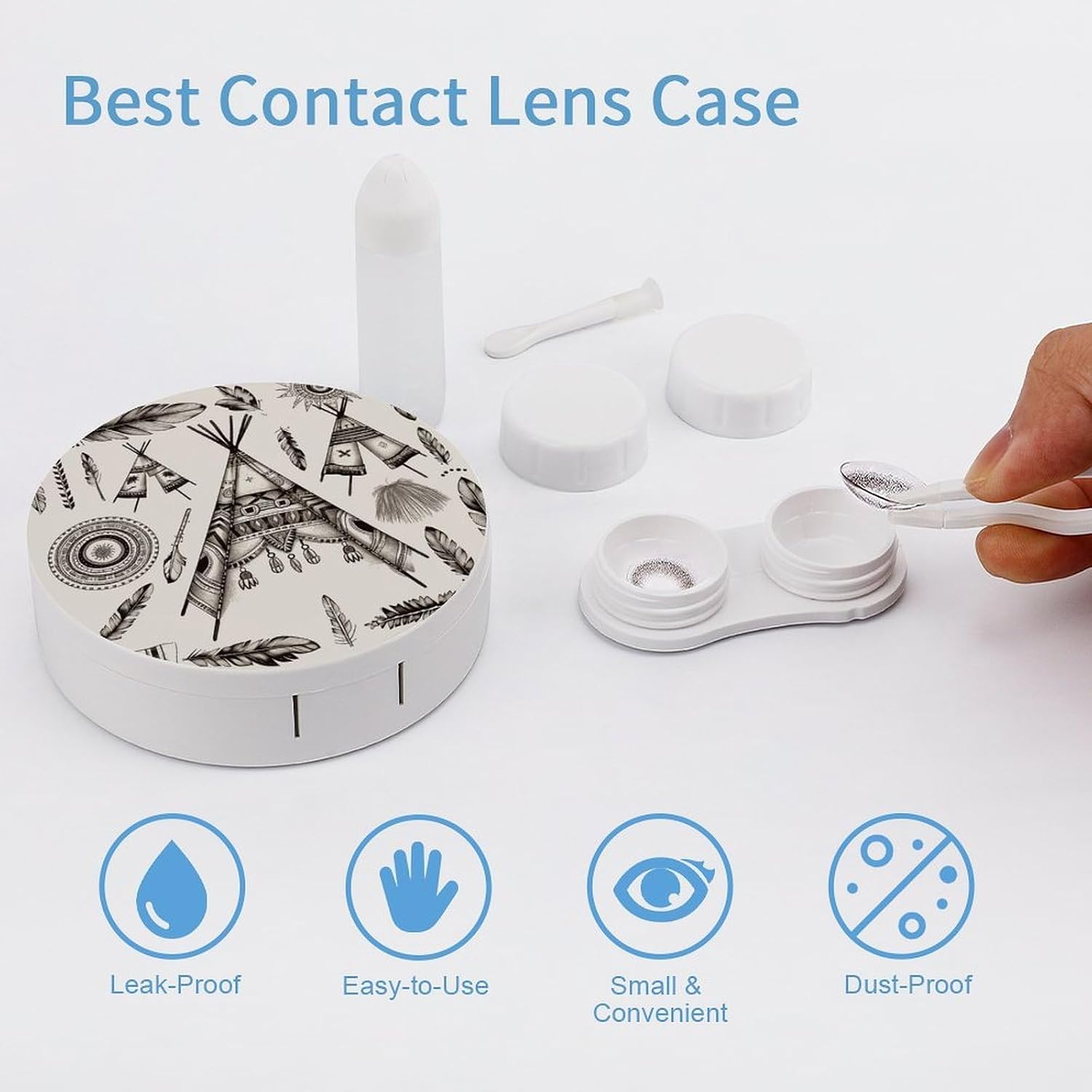 Feather Head Band Teepee Tent Contact Lens Case Portable, Eyeglasses Case with Built-in Mirror, Contact Lens Box with Tweezers And Solution Bottle for Daily Outdoor (Round)