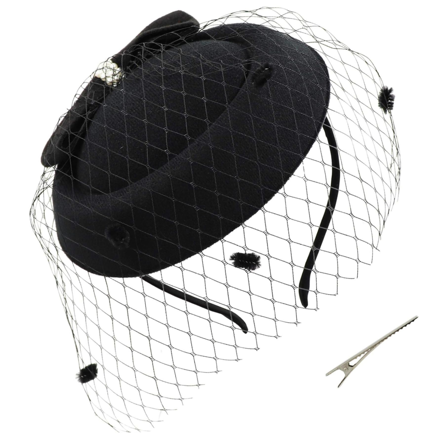Tsawntd Unisex Black Fascinator, 1940S Retro Bowknot Side Clip Pillbox Hats Veil Headband Gauze Fascinator For Women Tea Party Wedding, Fascinators
