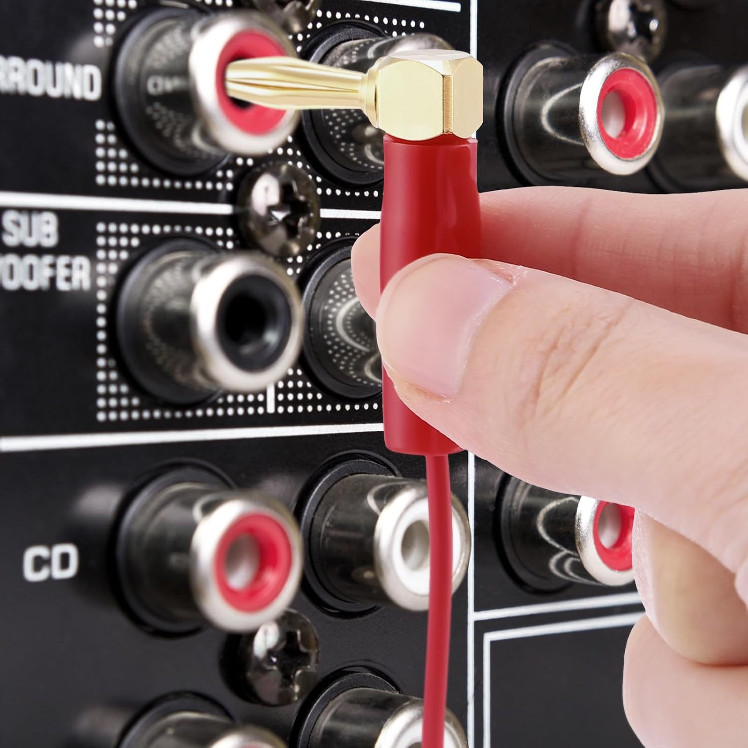 Therwen 36 Pcs Right Angle Banana Plugs 4mm Banana Speaker Plugs Gold Plated Copper 90 Degree Connector Audio Video Connectors Adapters for Speaker Wire, Red and Black - Image 4