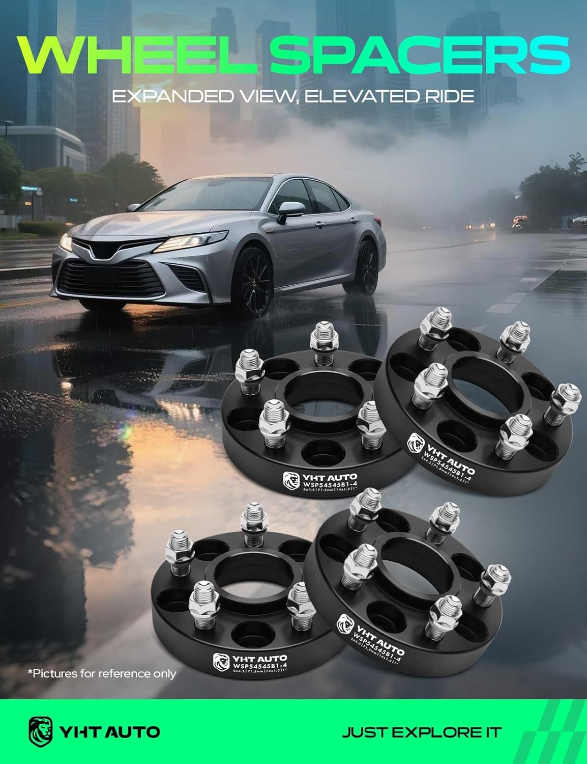 YHTAUTO 5x4.5 Hub Centric Wheel Spacers 1 Inch Fits Chrysler 300 2005-2023, Dodge Charger 2006-2023, Challenger, Magnum 5x114.3mm, Tire Spacers w/ M14x1.5 Studs 71.5 mm Hub Bore 5 Lug 4PCS Black - Image 2
