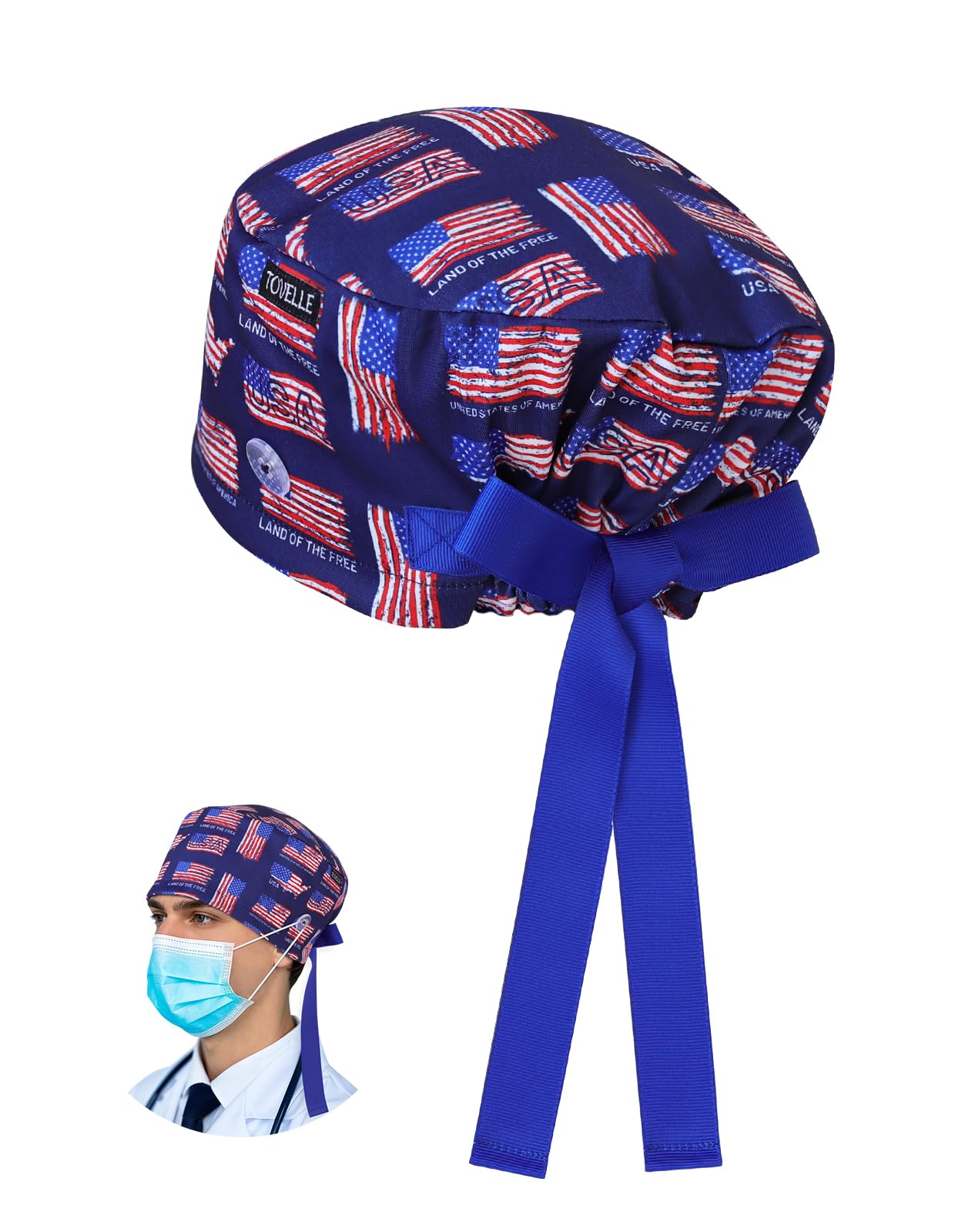 American Flag Scrub Caps for Men and Women with Buttons, Euro Style Surgical Hats, Adjustable and Breathable Patriotic Scrub Caps for Long or Short Hair