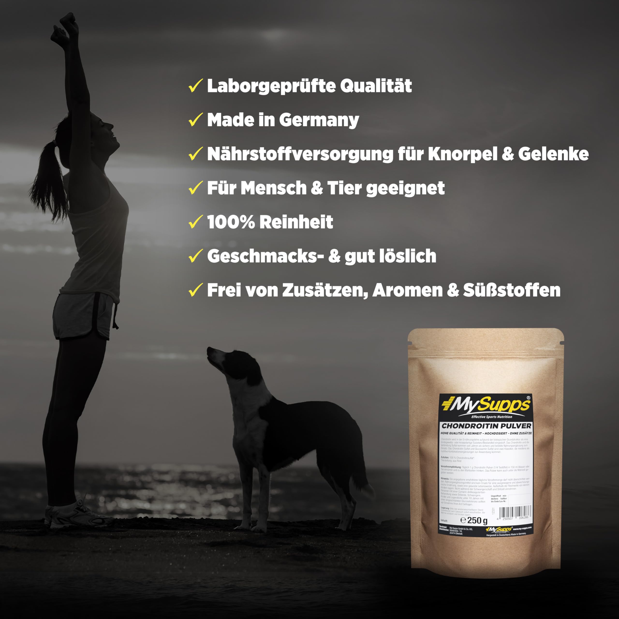 My Supps Chondroitin-Pulver 250g – 100 % reines & ultrafeines Chondroitin-Sulfat in Premiumqualität – hochdosiert & ohne Zusatzstoffe – frei von Zucker, Laktose & Farbstoffen, Made in Germany