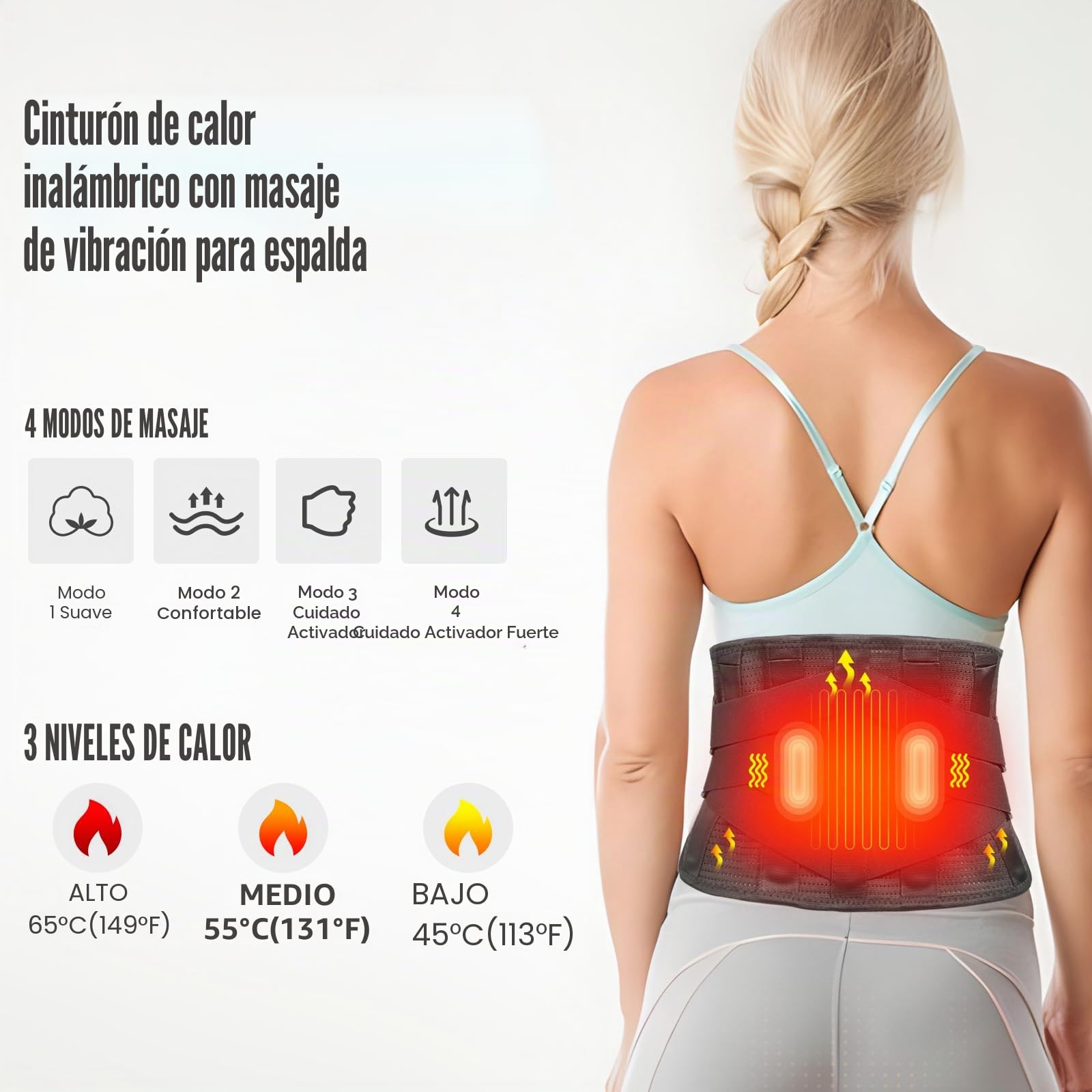 Masajeador Lumbar con Calefacción - Cinturón Ortopédico Calentable para Aliviar el Dolor de Espalda. 3 Modos Vibratorios, 6 Niveles de Calefacción, Batería Recargable de 5000 mAh, Inalámbrico