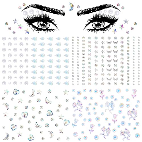 Miniatura 8 de OIIKI 6 hojas de gemas faciales  Joyas de corazón, ojos acrílicos de luna de cristal, diamantes de imitación redondos de Halloween, calcomanías de