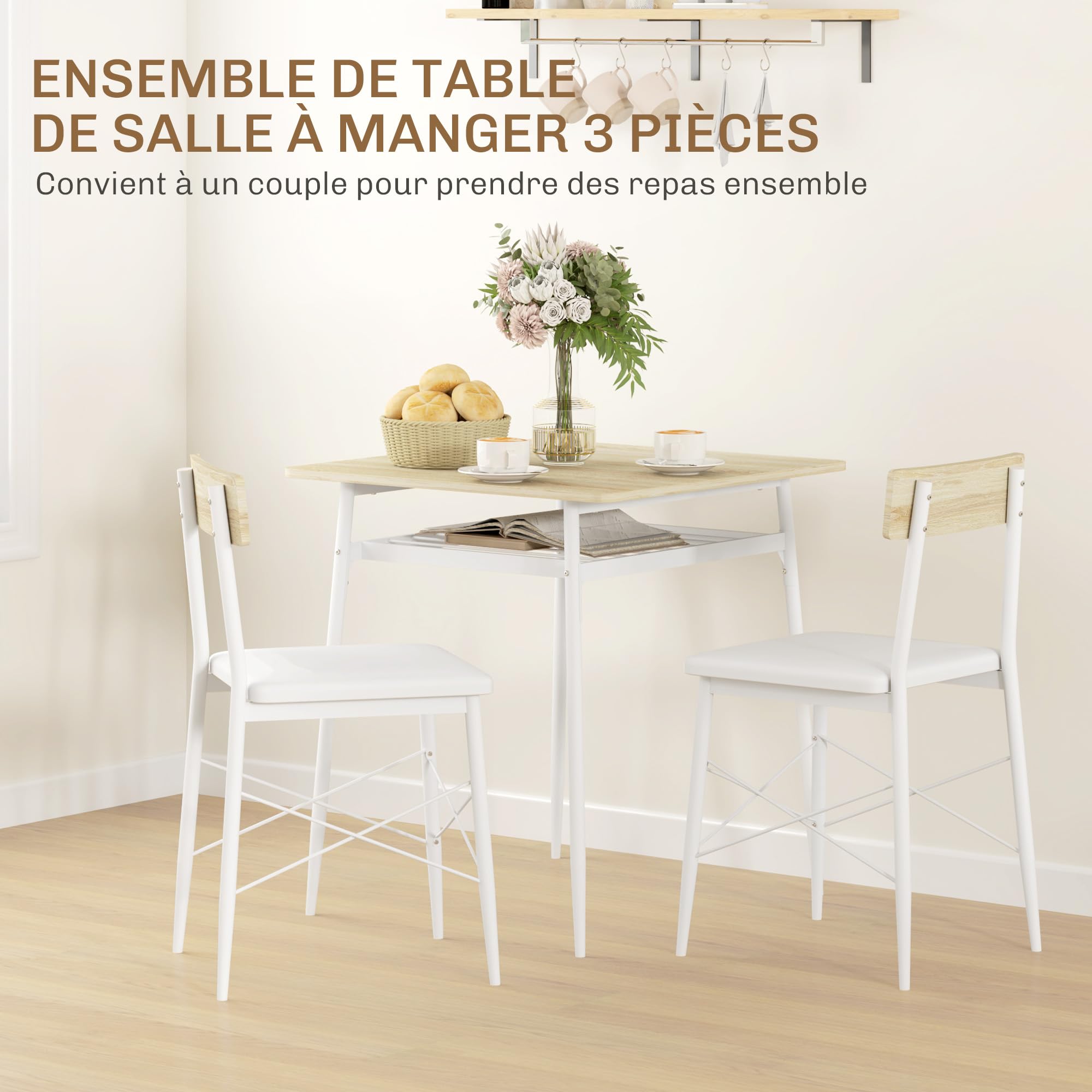 HOMCOM Ensemble Table et chaises, Table de Cuisine avec 2 chaises encastrables, Structure en Acier, pour Cuisine Salon Maison, Blanc et chêne