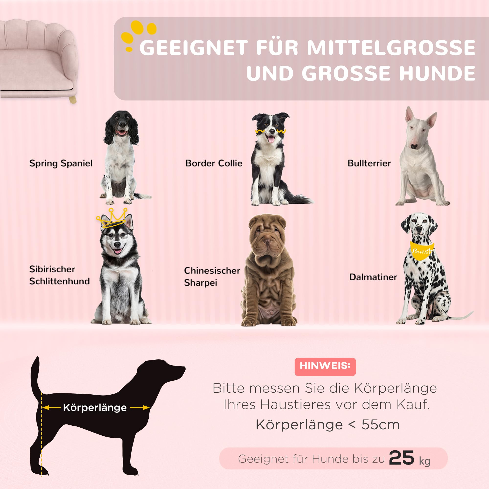 PawHut Divano per Cani, Rivestimento Lavabile, Divano per Animali Domestici con Schienale e Gambe in Legno, Divano per Gatti, per Cani di Taglia Media sotto i 25 kg, Rosa