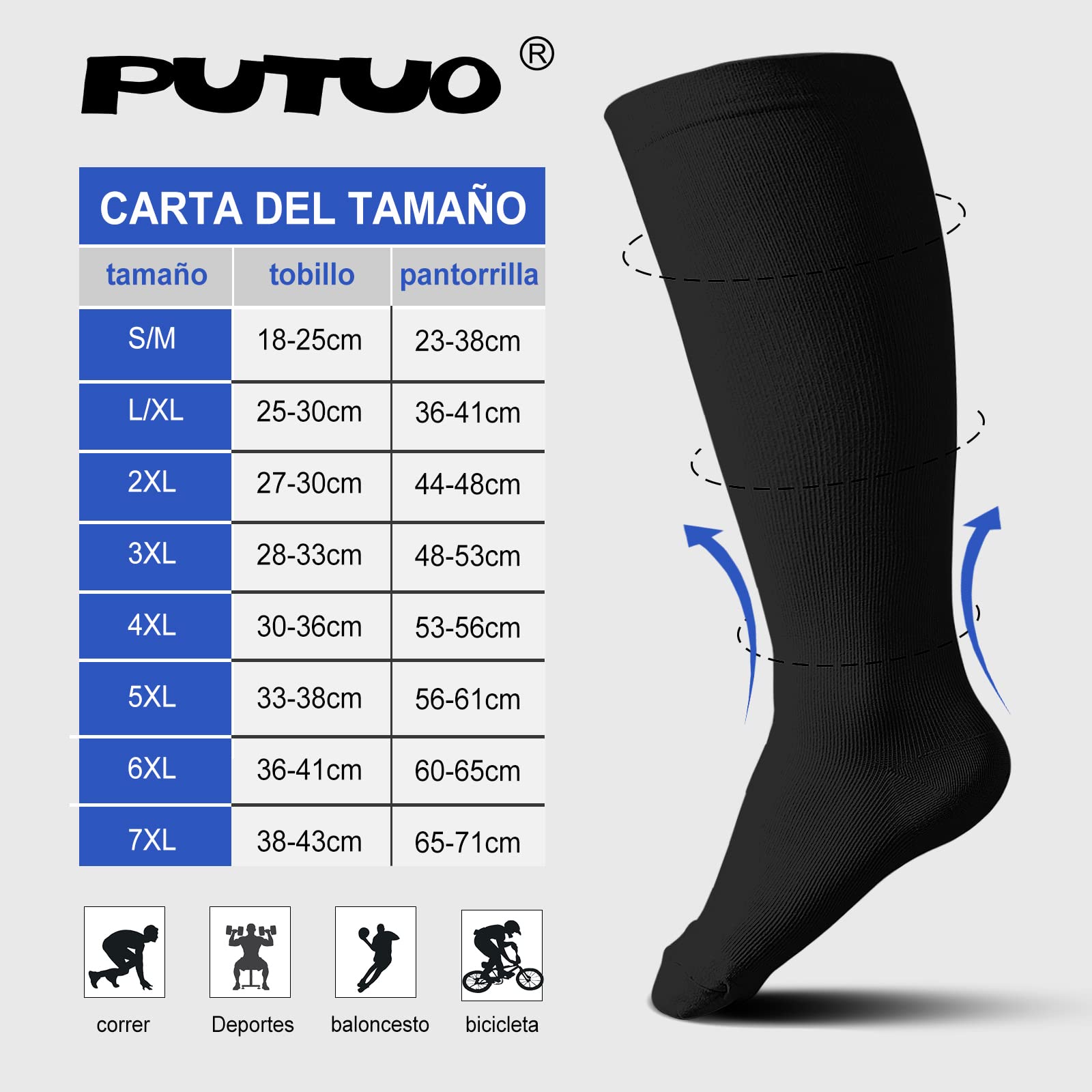 PUTUO Calcetines de Compresión para Hombre y Mujer: Medias de Compresion Talla Grande para Mujeres Hombres para Correr Viajar Vuelo Ciclismo Embarazo 3 pares