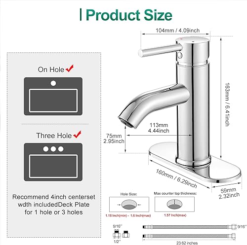 Miniatura 5 de VOTON Grifo de baño moderno cromado con una sola manija un agujero grifo de lavabo comercial lavatorio grifo de lavabo de tocador con mangueras de