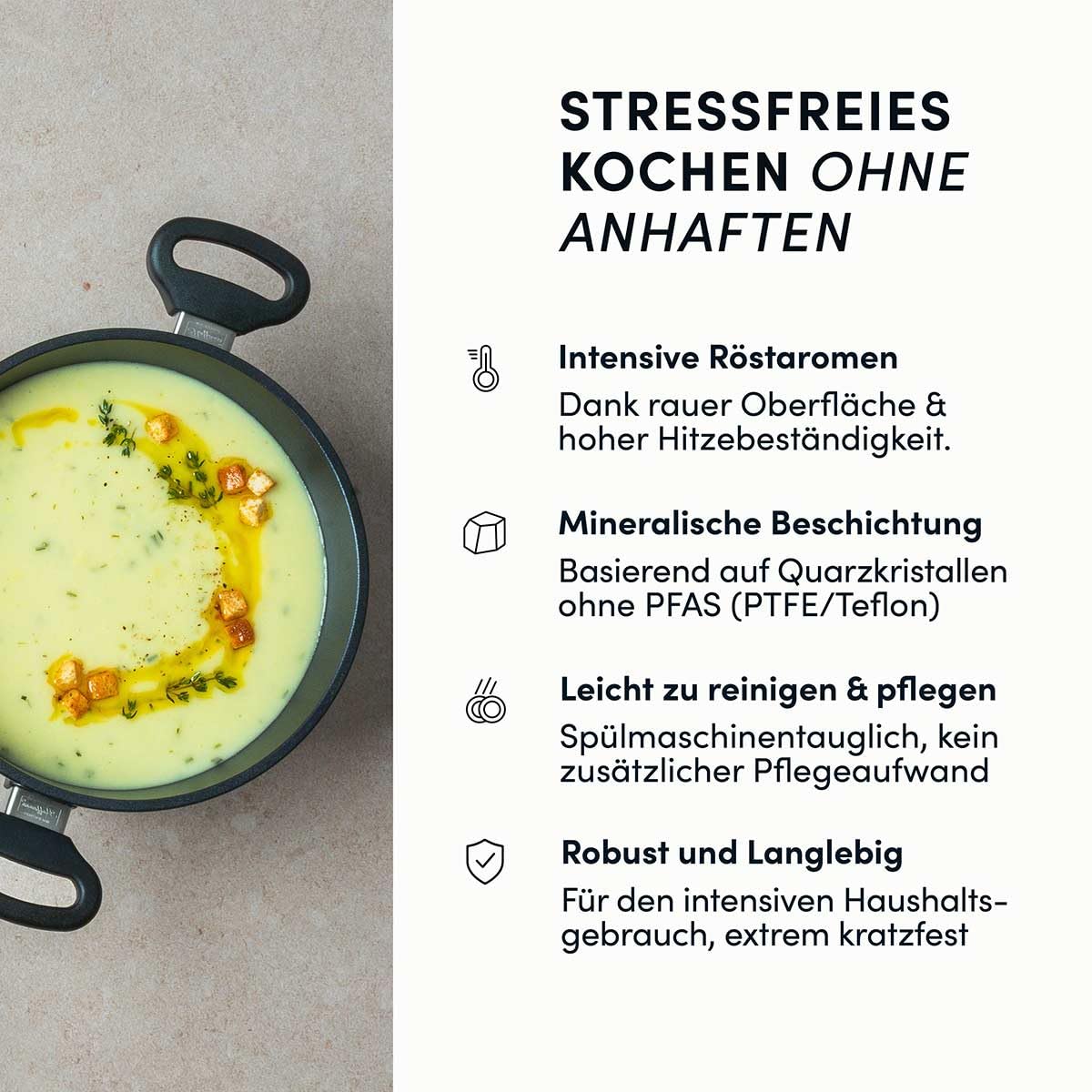 Hoffmann STONIQ Kochtopf Set, Antihaftbeschichtet, PFAS-frei, Induktionsgeeignet, Backofenfest bis 300°C, Topf made in Germany, Kochtopf, Suppentopf (mit Deckel, 20 + 24 cm)