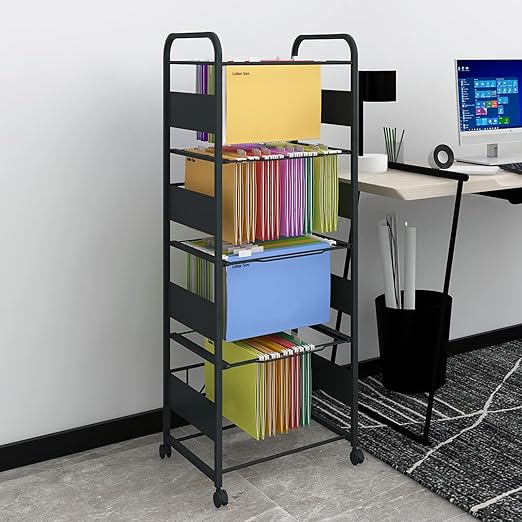 PUNCIA 4 Tiers Metal Rolling File Carts with Wheels Hanging Files for Letter Size Movable Pull